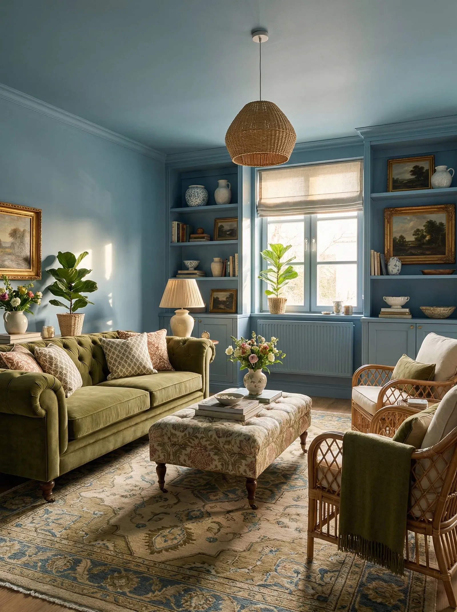A living room colour-drenched in dusty powder blue, with walls, ceiling and built-in shelving all the same shade. Built-in cabinets and open shelves frame a single tall window fitted with a cream roman blind and a blue-painted radiator below. An olive-green velvet button-tufted chesterfield sofa holds pink and patterned pillows, and a floral tufted ottoman on casters serves as a coffee table with a vase of fresh flowers on top. Two rattan armchairs with cream cushions and a green throw sit opposite. A pleated cream table lamp, a wicker pendant, gilt-framed landscape paintings, blue-and-white china, ceramic vases and a fiddle-leaf fig fill the room, over an antique bordered rug on a wood floor.