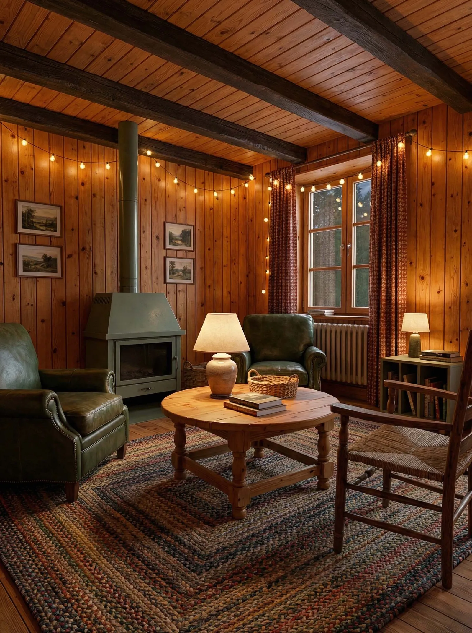 Knotty pine plank walls and ceiling with dark exposed timber beams, a sage-green enamel wood stove with a flue where the media wall was, two green leather club chairs, a round pine coffee table with a ceramic lamp and a wicker basket, a rush-seat ladderback chair, a multicolor braided oval rug, honey wood floor, one tall window on the right with plaid curtains and a radiator, cafe string lights, small framed landscapes.