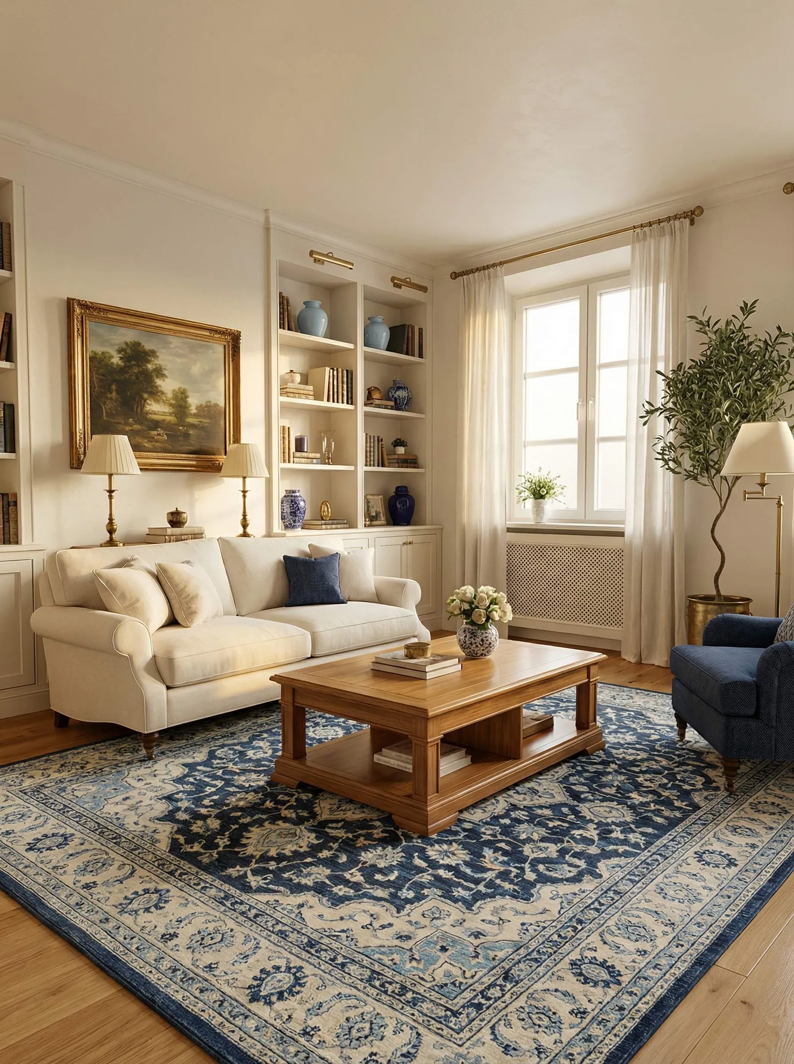 A bright traditional living room. A cream English roll-arm sofa sits against the left wall below a gilt-framed landscape painting lit by a brass picture light, flanked by cream built-in bookcases holding leather books and blue-and-white ginger jars. A navy blue accent chair sits on the right in front of one tall window with sheer white curtains and a radiator cover. An oak coffee table with a lower shelf stands on a blue-and-cream Persian rug over a light wood floor. Brass table lamps, a brass floor lamp, and an olive tree in a brass pot fill out the corners.