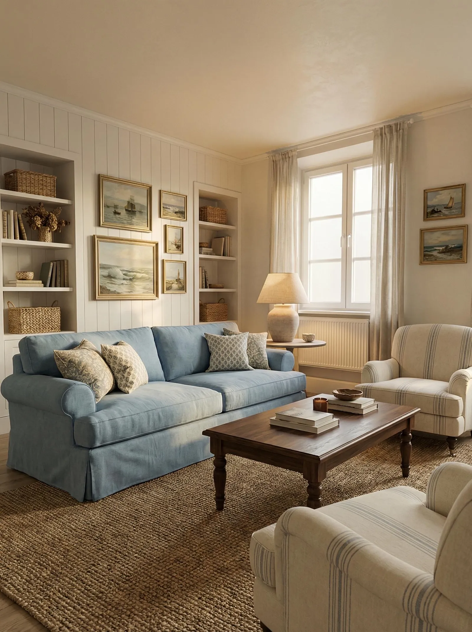 The same corner living room redesigned in coastal style: a light-blue slipcovered roll-arm sofa with block-print cushions, two cream stripe armchairs, a dark turned-leg coffee table on a jute rug, white shiplap walls hung with gold-framed seascapes, and built-in white bookcases holding seagrass baskets.