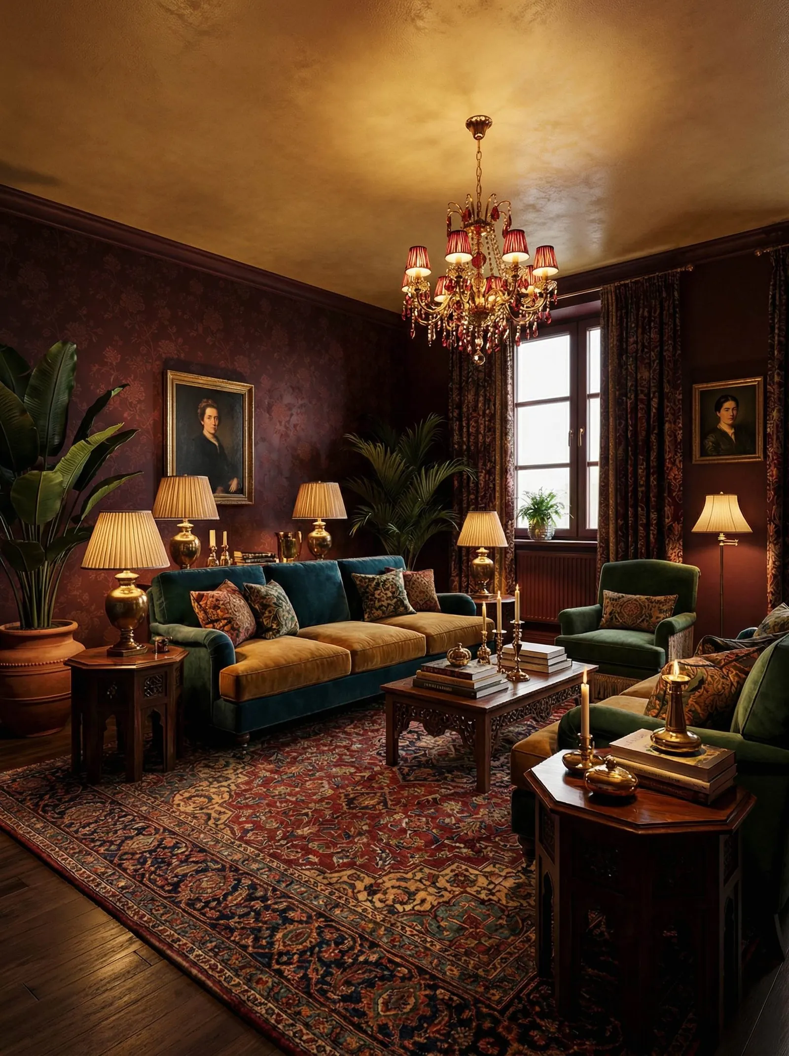 A dark moody version with burgundy damask wallpaper, a teal velvet sofa with mustard velvet seat cushions and tapestry pillows, green velvet armchairs, a carved wood coffee table with brass candlesticks and books, brass urn table lamps with pleated shades, gilt-framed classical portraits, a red-shaded crystal chandelier, a Persian rug, and the tall window behind heavy floral drapes.
