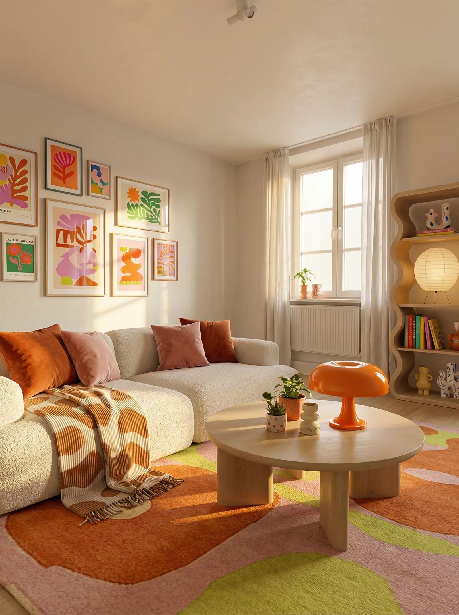 A bright version with cream walls, a curved cream boucle modular sofa with rust and dusty-pink velvet cushions, a round pale-wood coffee table holding an orange Nesso mushroom lamp, a pink orange and lime wavy rug, a dense gallery wall of colorful abstract prints on the left, a squiggle-edged bookshelf with a paper Akari lamp on the right, and the window behind white sheers.