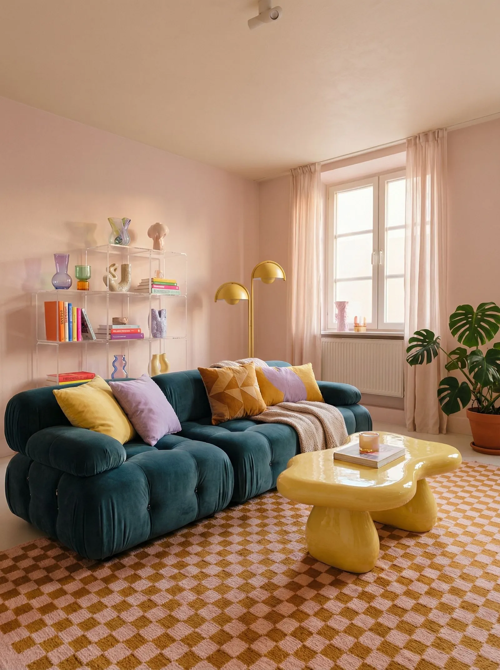 The same corner living room redesigned in dopamine decor: a teal velvet tufted modular sofa on a mustard-and-pink checkerboard rug, a glossy yellow blob coffee table, a two-arm yellow dome floor lamp, a clear acrylic shelf unit of coloured glass vases, and blush-pink walls with a monstera by the window.