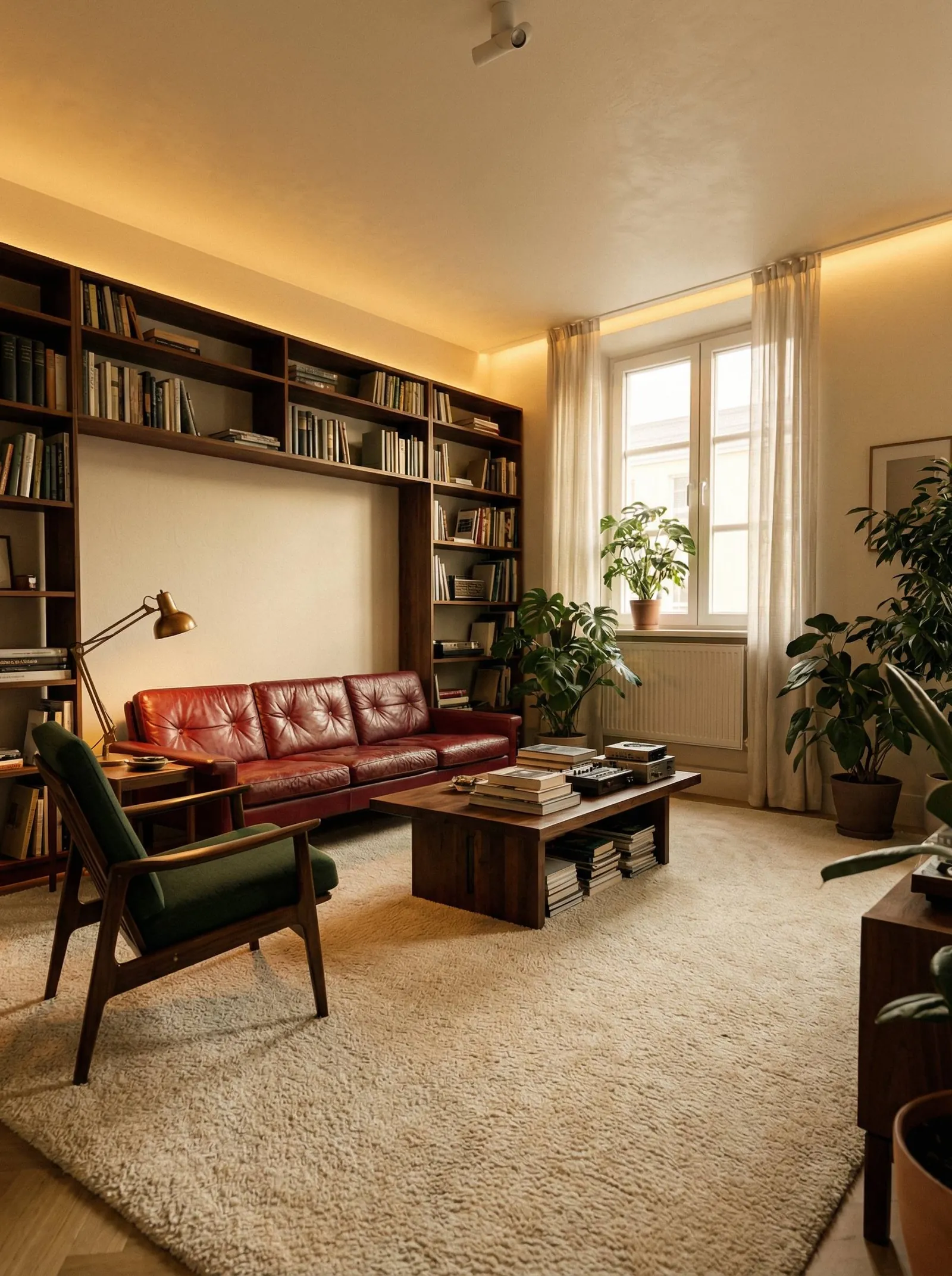 An oxblood leather button-tufted sofa framed by floor-to-ceiling walnut bookshelves packed with books, a green mid-century armchair, a brass task lamp, a low wood coffee table stacked with books on a cream shag rug.