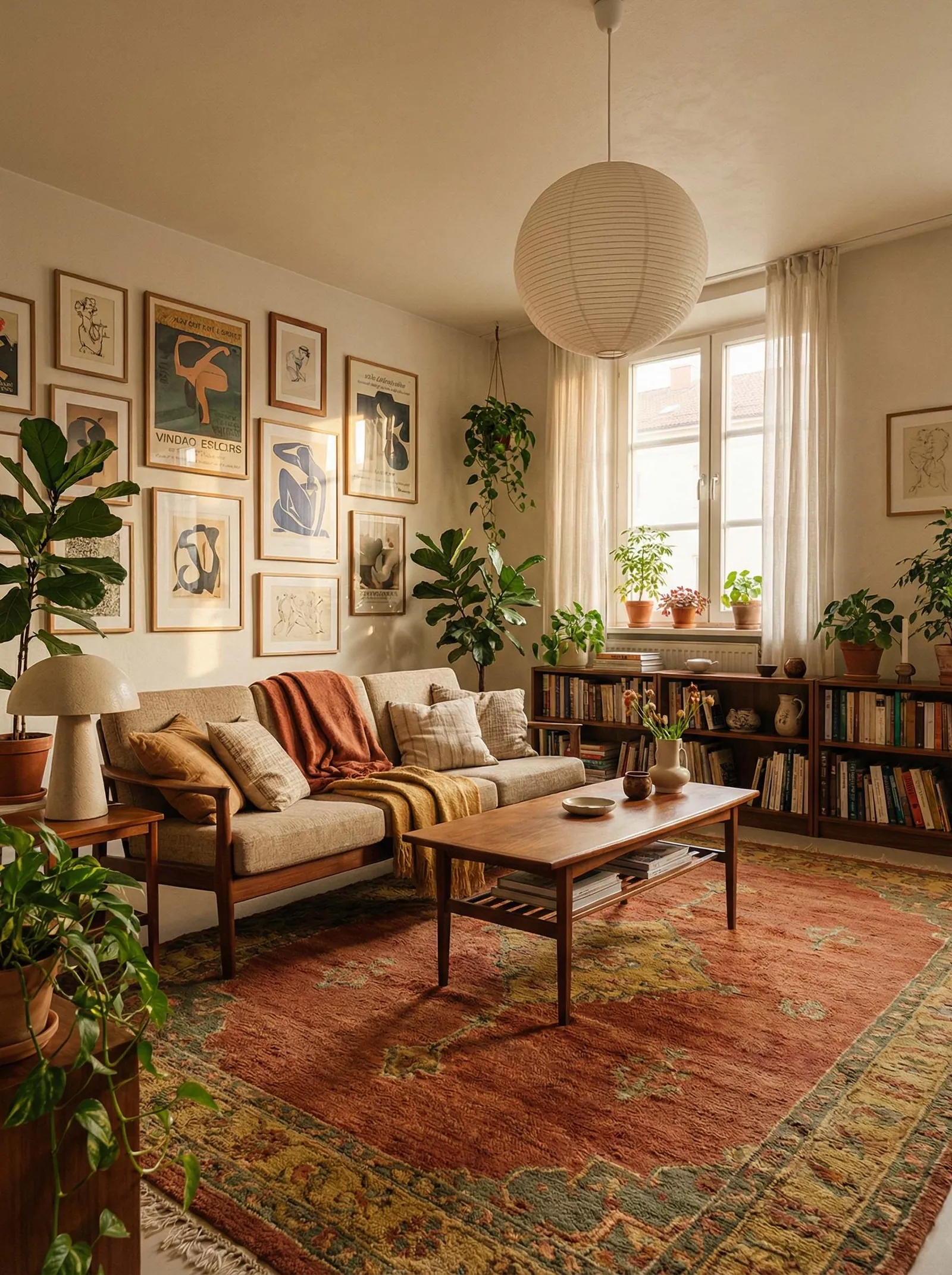 A beige wood-frame sofa under a dense gallery wall of Matisse-style prints, a teak coffee table and low bookcases, a patterned terracotta rug, a paper globe pendant, a mushroom ceramic lamp, and plants in most corners.