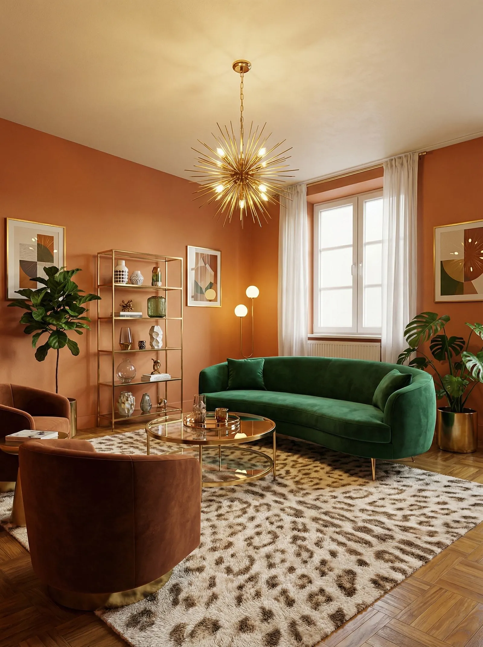 The same living room with terracotta-painted walls, an emerald-green velvet curved sofa on slim brass legs, two rust velvet swivel tub chairs, a brass sputnik starburst chandelier, a brass and glass etagere filled with ceramics, a round brass and glass coffee table, a leopard-print shag rug, herringbone parquet floor, a gold globe wall sconce, and the tall right-hand window.