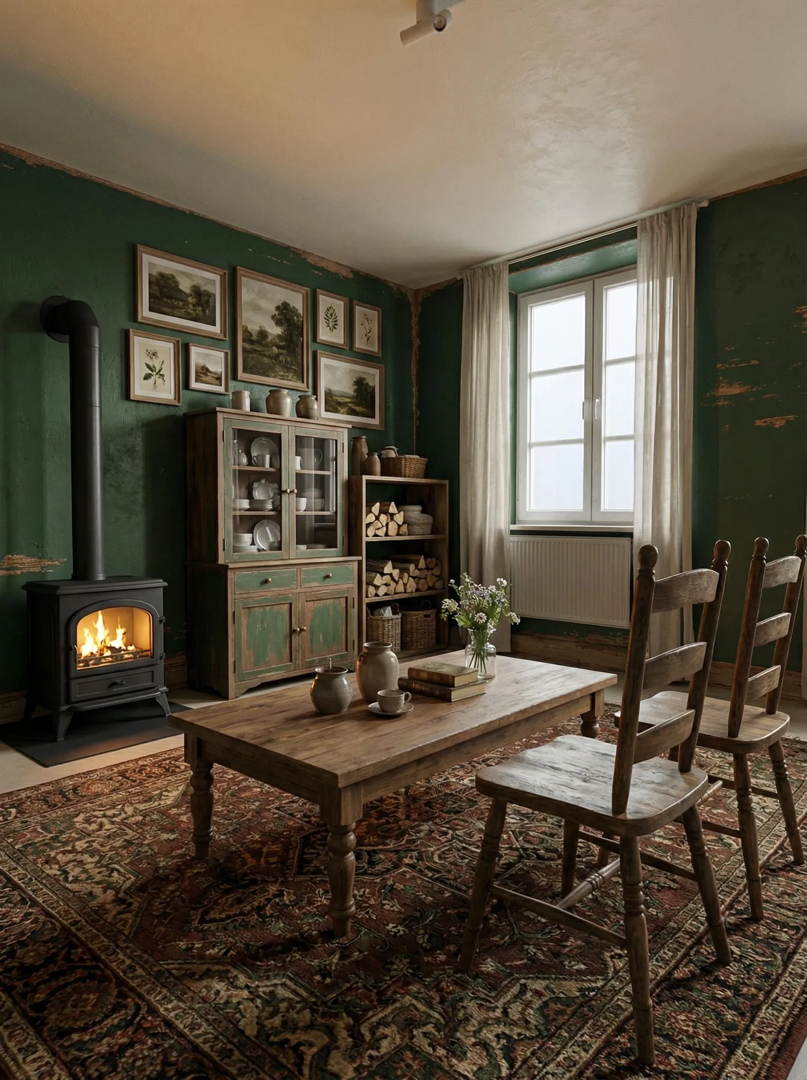 Distressed dark-green plaster walls with paint peeling to bare plaster, a black cast-iron wood stove with a flue on the left wall, a green-painted glass-front dresser with white crockery beside an open shelf stacked with firewood, a gallery wall of landscape and botanical prints, one tall window on the right with linen curtains and a radiator, a rustic farmhouse table with pottery jugs and wildflowers, turned-leg ladderback chairs, a faded red-and-green antique Persian rug, pale floor.