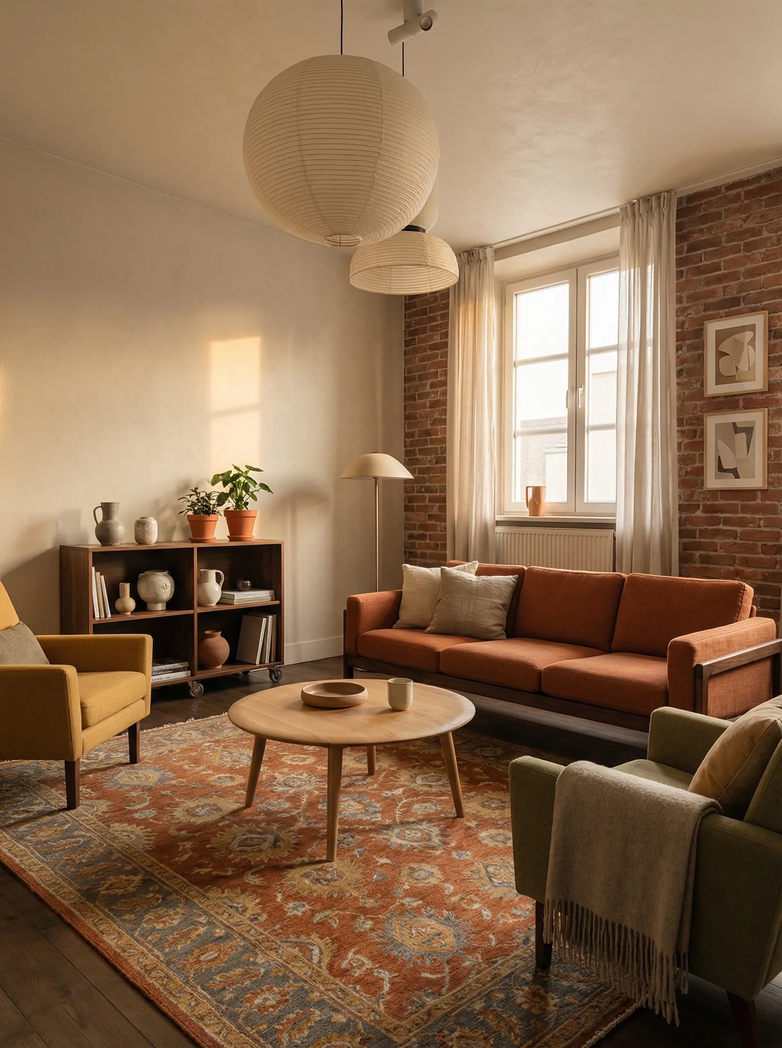 A warm, sunlit living room with cream plaster walls and one exposed red-brick wall around a single tall window with cream curtains and a radiator. A rust-orange mid-century sofa with wooden arms sits under the window with cream pillows. A mustard-yellow armchair stands on the left and an olive-green armchair with a fringed throw in the right foreground. A round light-oak coffee table with a wood bowl and mug sits on a rust-and-blue Persian rug over a dark wood floor. A low walnut bookcase on casters holds pottery, plants and books, two Akari-style paper lantern pendants hang above, and a mushroom-dome floor lamp stands by the brick.