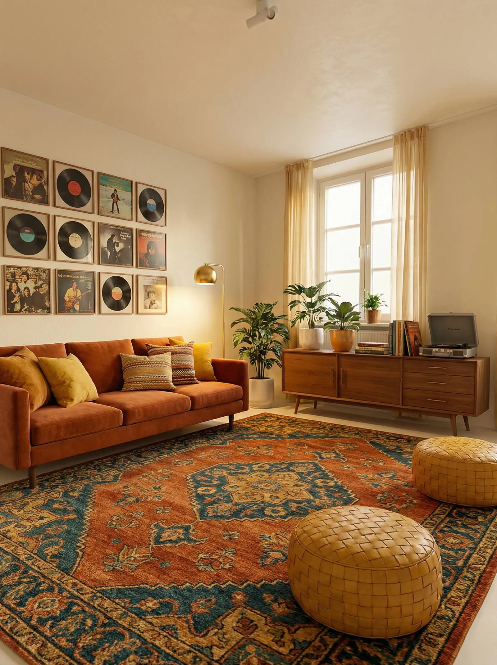 Living room with a burnt-orange velvet three-seat sofa piled with mustard and kilim cushions, a grid of framed vinyl records and album sleeves on the left wall, a walnut mid-century credenza with a record player and plants, a brass globe floor lamp, a large orange and teal Persian medallion rug and two woven tan leather poufs. One tall window on the right.