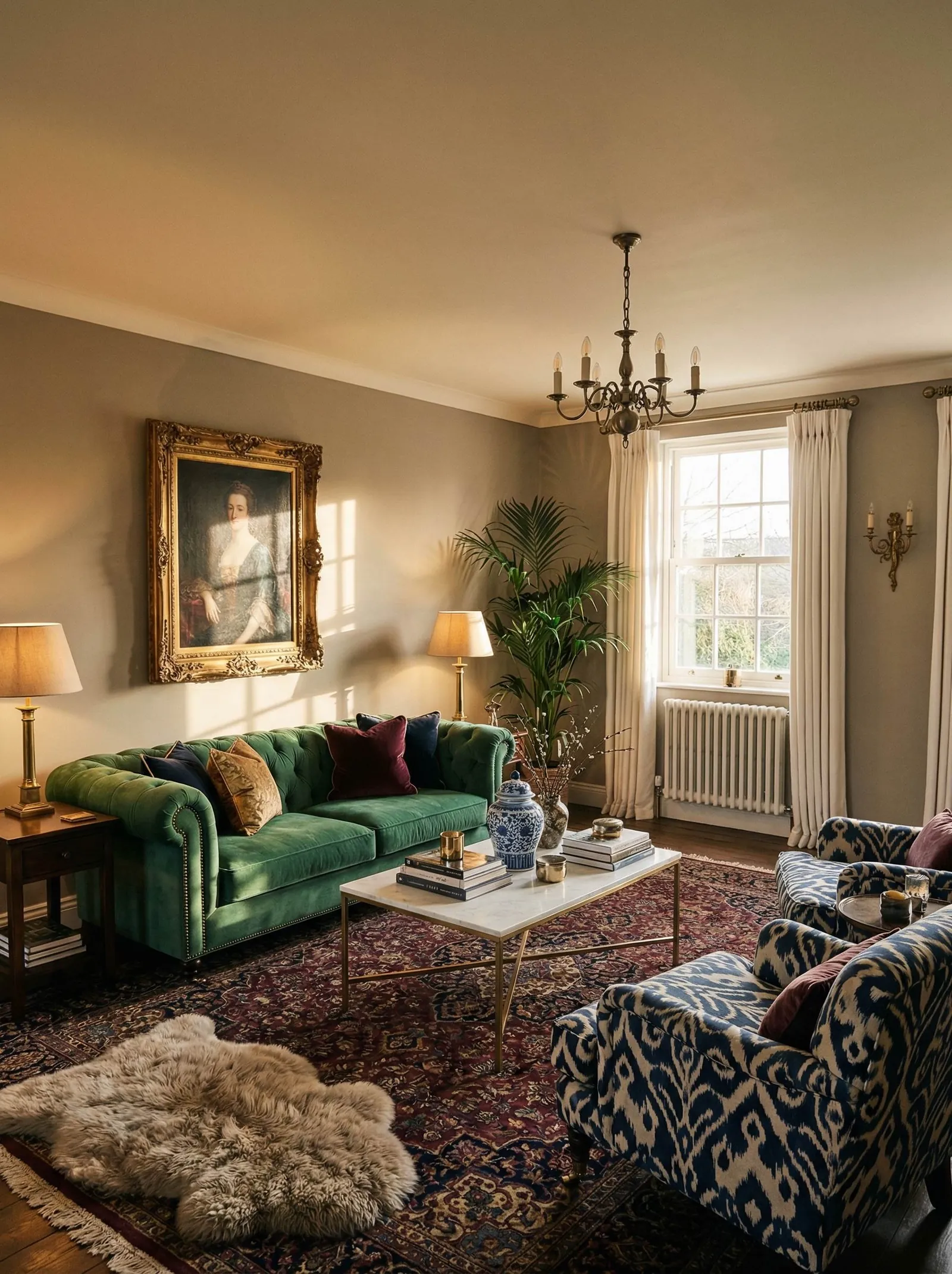 A warm, traditional living room with greige walls and a single tall window on the right dressed in cream pinch-pleat curtains over a white column radiator. An emerald-green velvet button-tufted chesterfield with nailhead trim sits along the left wall below a large gilt-framed antique portrait, topped with velvet and silk pillows. Two blue-and-white ikat-patterned armchairs sit in the foreground around a marble-topped brass coffee table stacked with books and a blue-and-white ginger jar. Brass column table lamps with cream shades, a brass candelabra chandelier and a brass wall sconce light the room. A kentia palm stands by the window, and a dark red-and-navy Persian rug with a sheepskin covers the dark wood floor.