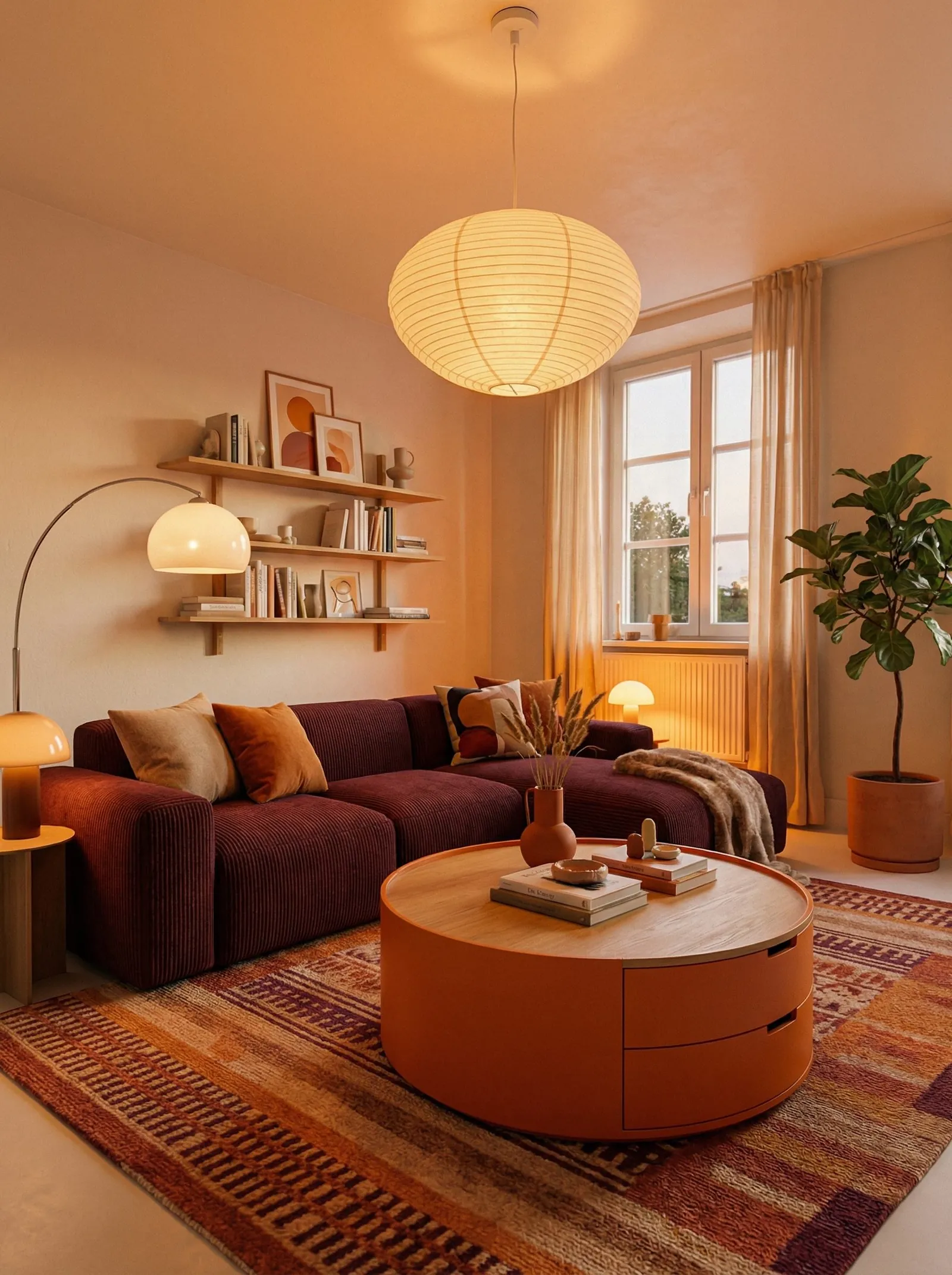 Dimly lit living room with terracotta-peach walls, a plum corduroy modular sofa with mustard and rust cushions, a round terracotta drum coffee table with a wood top and curved drawers, a large white paper-lantern pendant, a chrome arc floor lamp, two cream mushroom lamps, floating light-wood shelves with abstract prints, a Berber-style kilim rug and a fiddle-leaf fig in a terracotta pot. One tall window on the right.