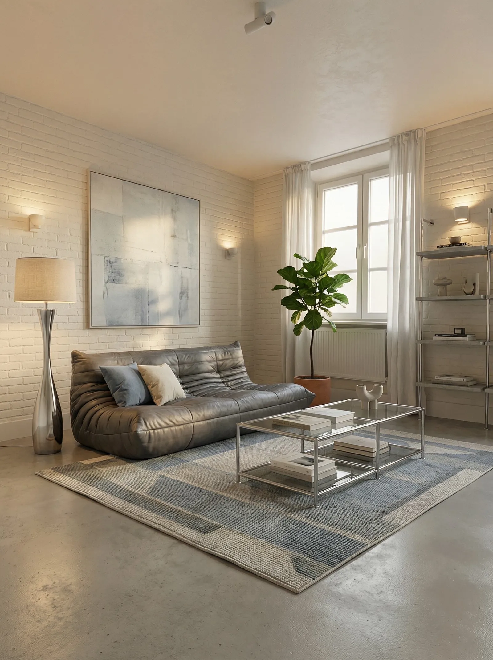A pale whitewashed brick living room with a polished concrete floor. A low grey leather Togo-style sofa sits in the foreground with grey and cream pillows, facing a rectangular chrome-and-glass coffee table stacked with books. A tall chrome floor lamp with a beige drum shade stands on the left beside a large grey abstract canvas and two wall sconces. On the right a single tall window with sheer white curtains has a fiddle-leaf fig in a terracotta pot and a radiator beneath it, with a metal shelving unit further right. A blue-and-grey patterned rug lies under the table.