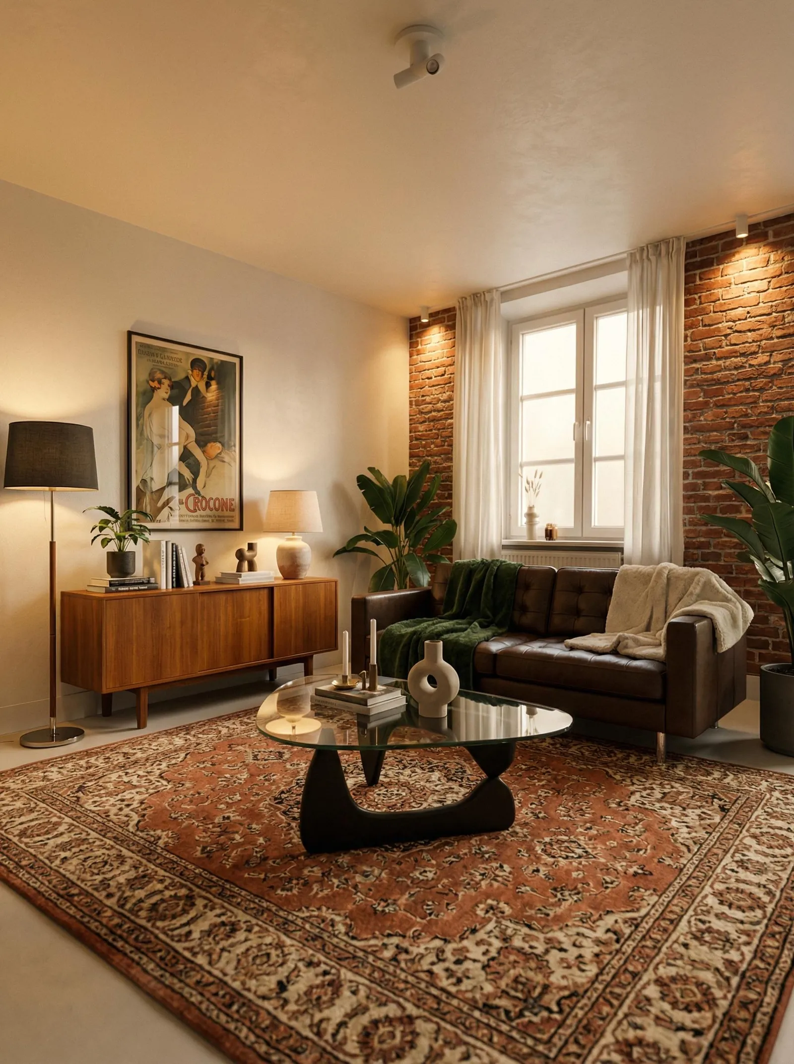 A warm living room with one wall exposed to red brick and the others in pale plaster, under a smooth ceiling with a small white spotlight. A brown tufted leather sofa sits against the brick below a single tall window with white curtains and a radiator. A Noguchi-style triangular glass coffee table with a black base stands on a rust-and-cream Persian rug. On the left a teak mid-century sideboard holds plants, ceramic vases, books and a table lamp, with a vintage French poster in a black frame above it and a black drum floor lamp beside it. Leafy plants flank the seating.