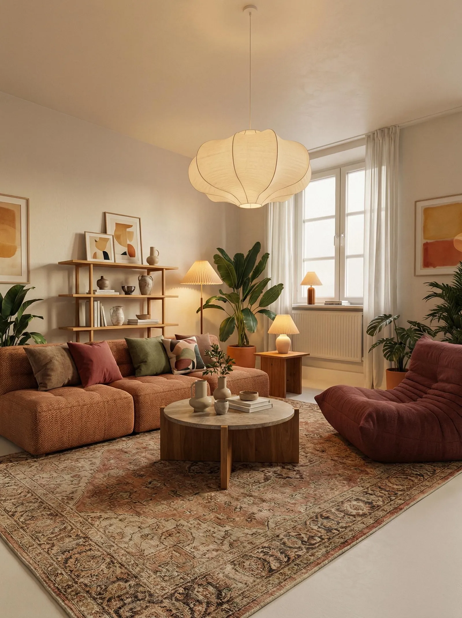 A warm eclectic version with greige walls, a chunky rust boucle modular sofa with green and burgundy cushions, a burgundy Togo-style lounge chair on the right, a round wood-and-stone coffee table, a low oak ladder shelf on the left, a cream cocoon pendant lamp, pleated table and floor lamps, a faded terracotta Persian rug, and plants by the window.