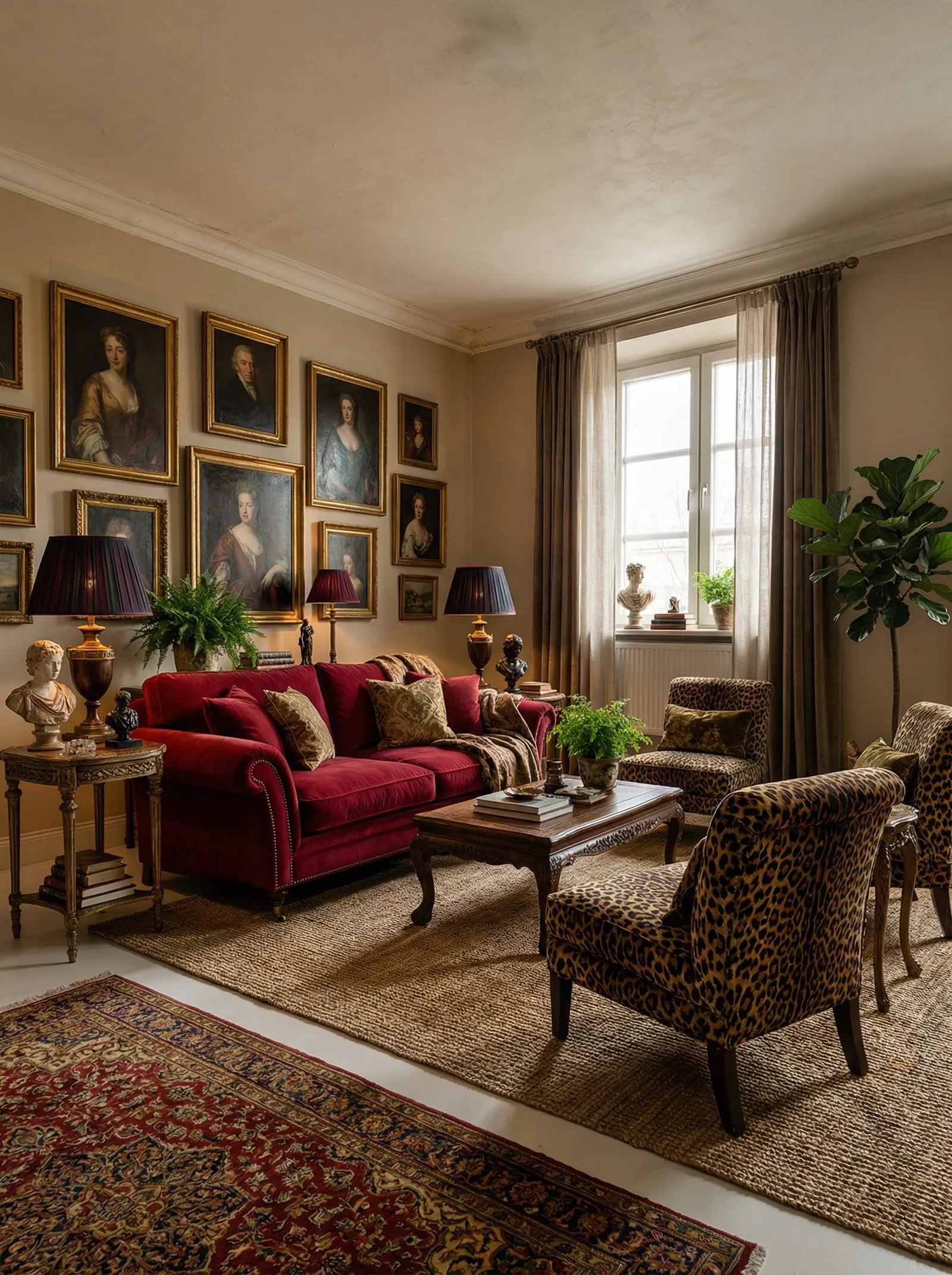 A warm version with taupe walls, a salon-style gallery wall of gilt-framed old-master portraits, a crimson velvet Chesterfield-style sofa with nailhead trim, two leopard-print upholstered armchairs, gilded urn table lamps with burgundy pleated shades, marble busts, a fiddle-leaf fig, and layered jute and Persian rugs under the window.