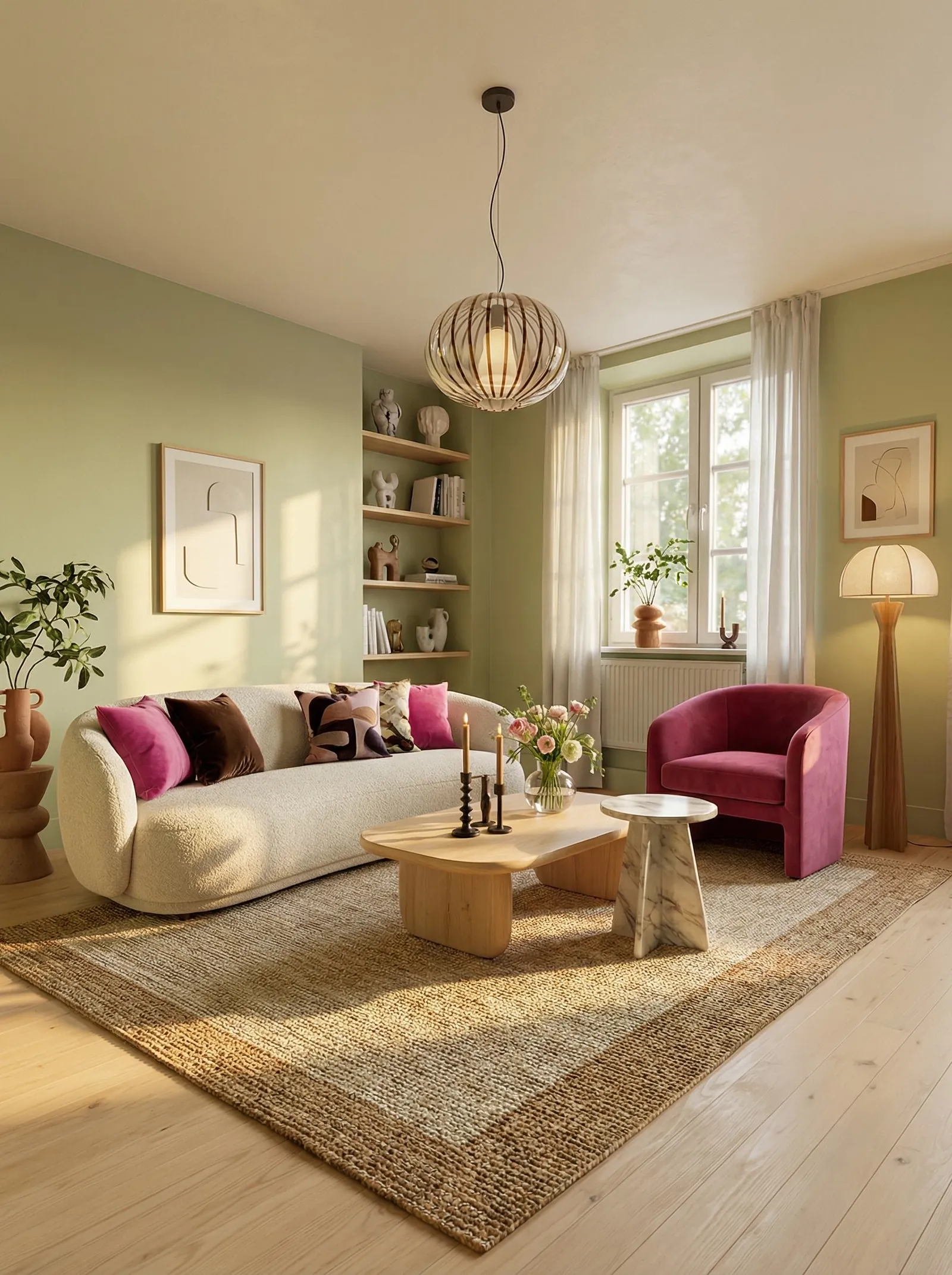 A soft, sunlit living room with sage-green walls and a single tall window on the right with sheer curtains, a radiator and a plant on the sill. A cream boucle curved sofa holds magenta, brown and abstract pillows, with a magenta velvet tub armchair beside the window. A curved light-oak coffee table and a white marble side table sit on a chunky jute rug over a light oak floor. Floating oak corner shelves hold ceramic figurines and books, a ribbed-glass globe pendant hangs above, a wooden dome floor lamp stands on the right, and framed abstract line-art prints hang on the walls. Terracotta pottery and plants sit in the corners.