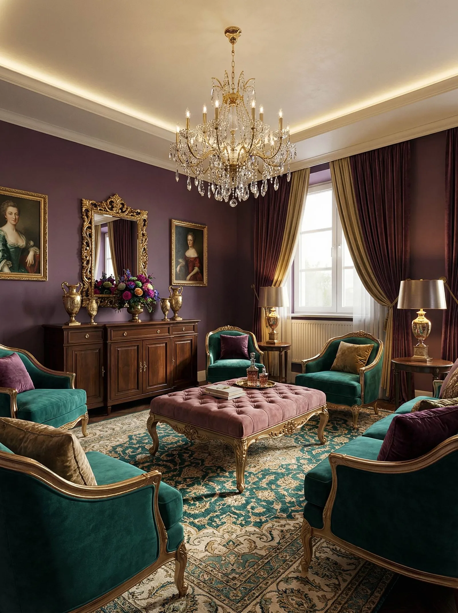 A French baroque version with aubergine walls, several emerald-green velvet Louis XV bergere armchairs with gilded carved frames, a pink tufted ottoman with a gilt base, a crystal chandelier, a large ornate gilt mirror over a mahogany buffet with brass urns and a big floral bouquet, gilt-framed portraits, and purple and gold swag curtains at the window.