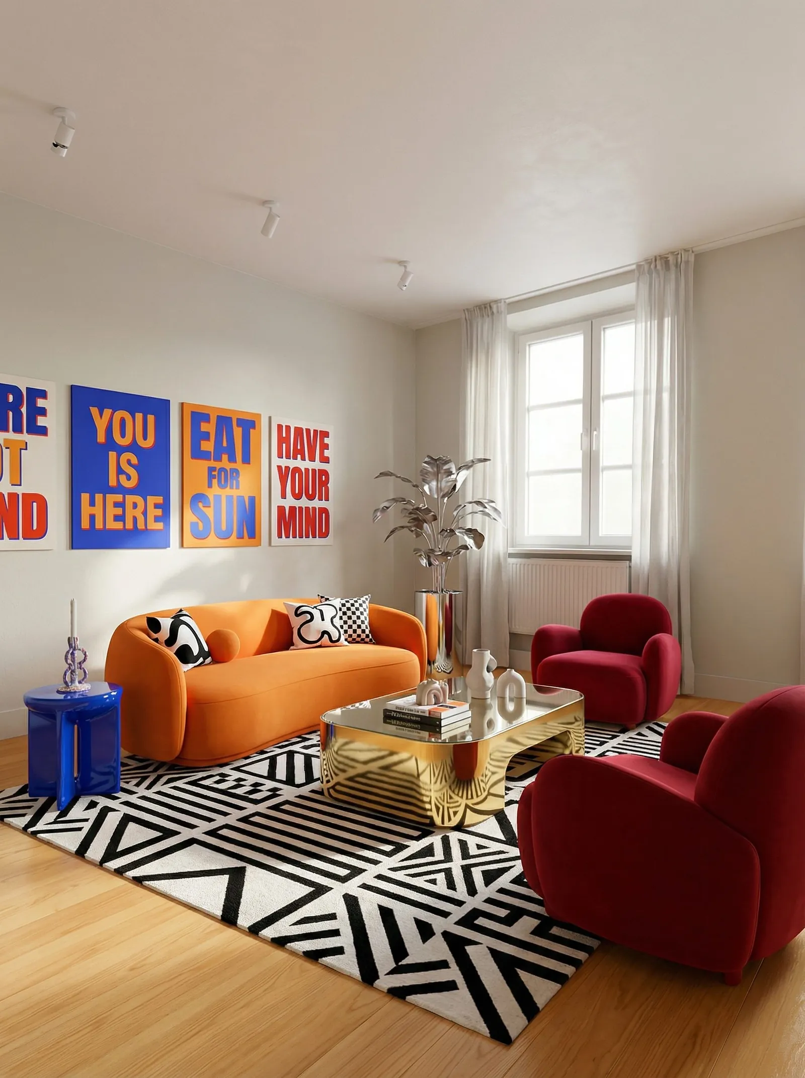Living room with a four-panel gallery of blue, orange and red word-art canvases on the left wall, an orange curved velvet sofa, two cherry-red velvet armchairs, a gold-mirror coffee table, a cobalt-blue resin side table and a black-and-white geometric rug, with one tall window on the right.