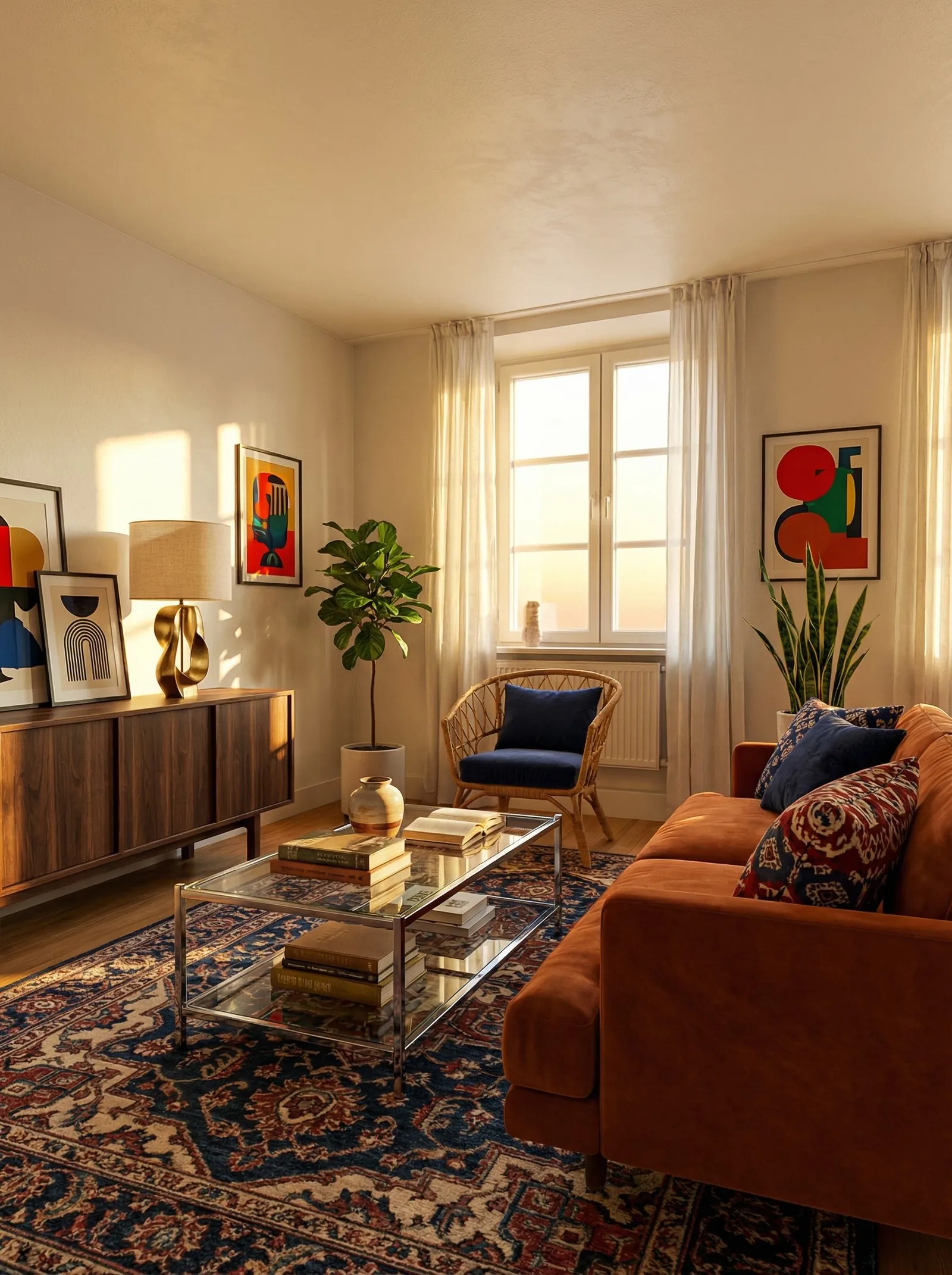 The same room in warm evening light, a burnt-orange velvet sofa with navy and ikat-pattern cushions, a walnut sideboard on the left with framed colourful abstract prints and a brass sculptural lamp, a rattan tub chair with a navy cushion in front of the tall right-hand window, a glass and chrome two-tier coffee table stacked with books, and a blue Persian rug.