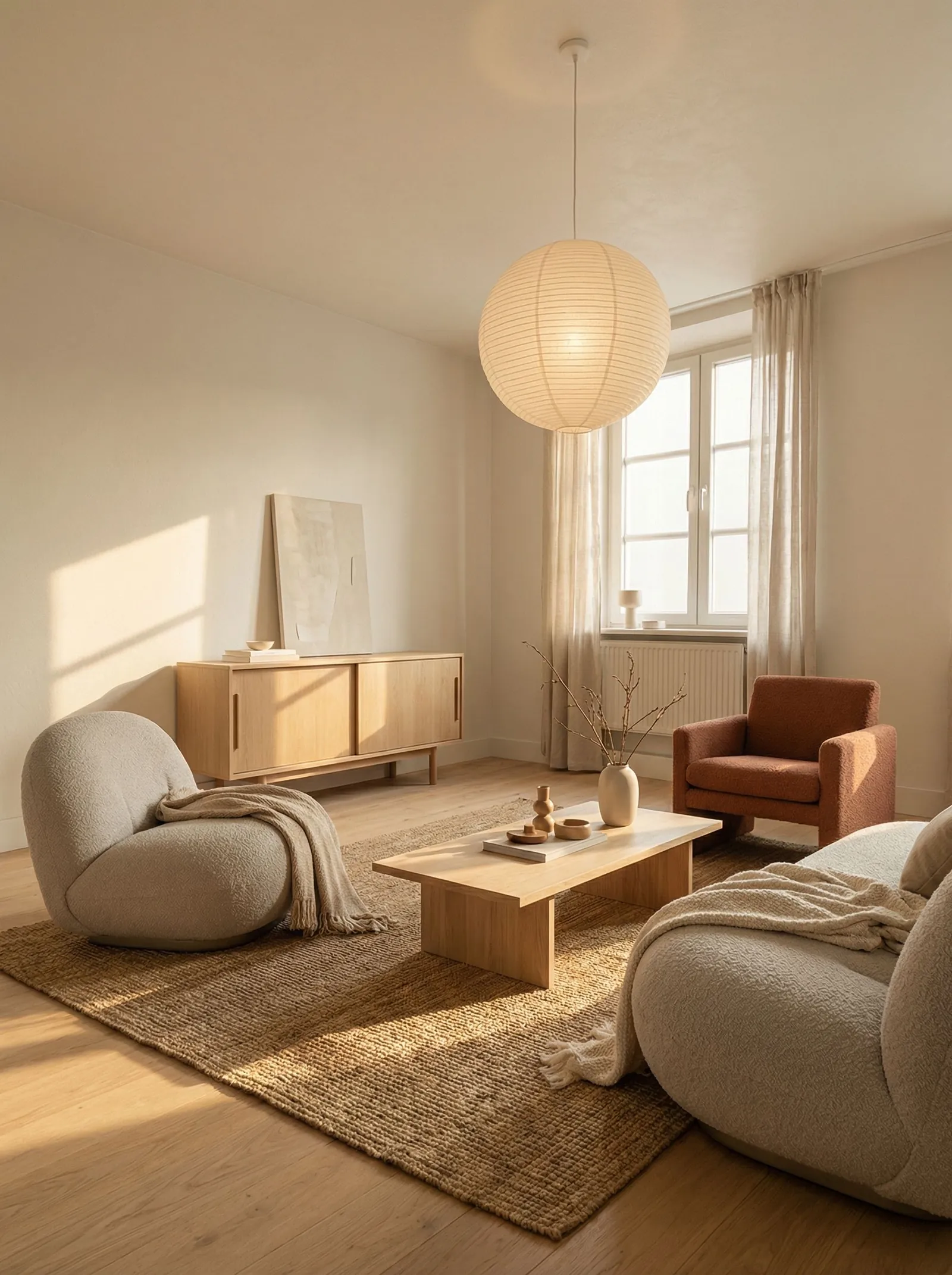Sunlit living room with two cream boucle lounge chairs, a rust boucle armchair, a light oak sideboard on the left wall, a jute rug, a low light oak coffee table, a large Noguchi-style round paper lantern pendant, a propped canvas, and a ceramic vase with bare branches, with the tall window and radiator behind.