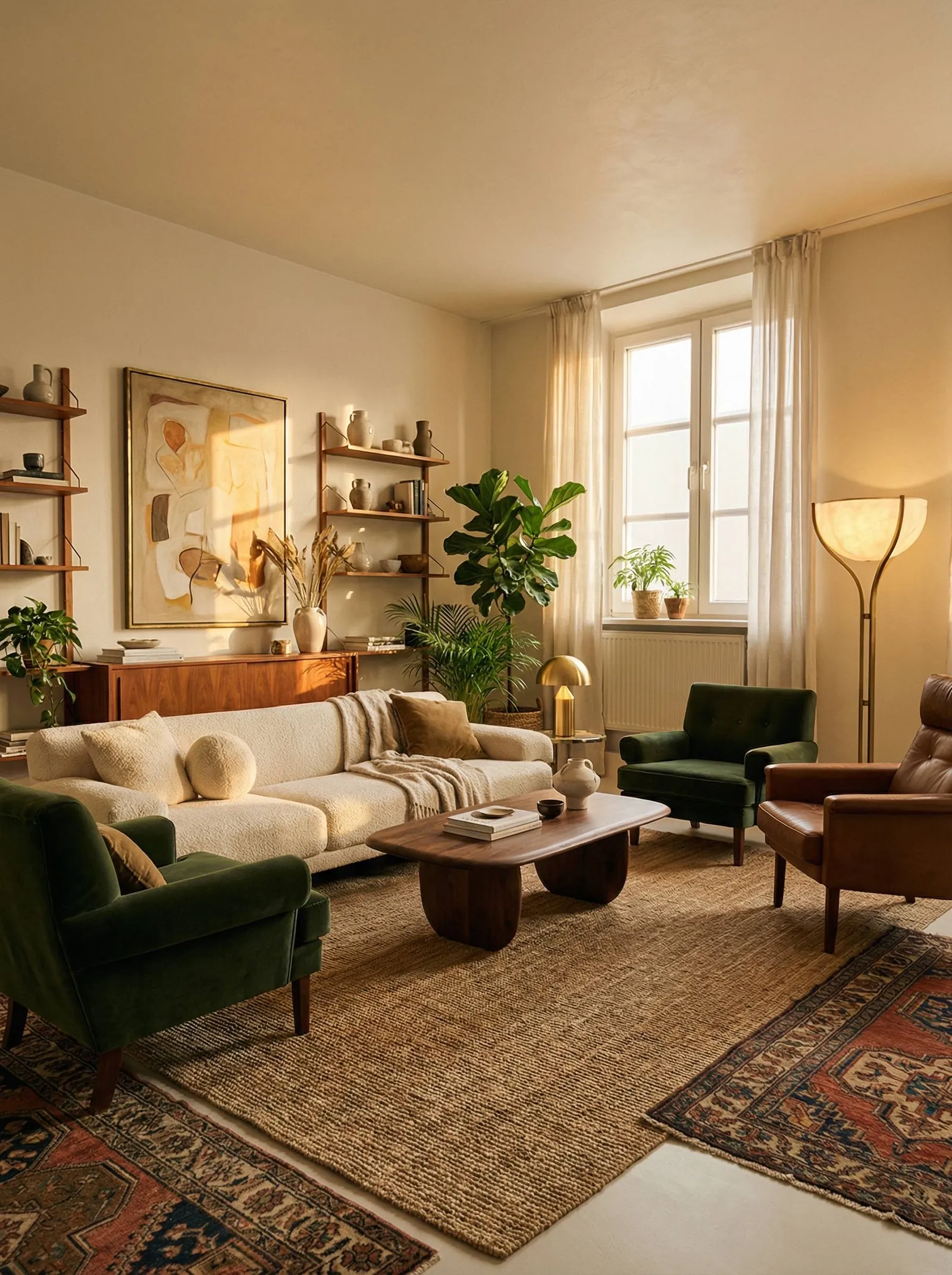 A cream boucle sofa flanked by dark-green velvet armchairs and a brown leather chair, a teak sideboard and wall-mounted shelving, a large abstract canvas, an alabaster torchiere, and a jute rug layered over worn Persian rugs.