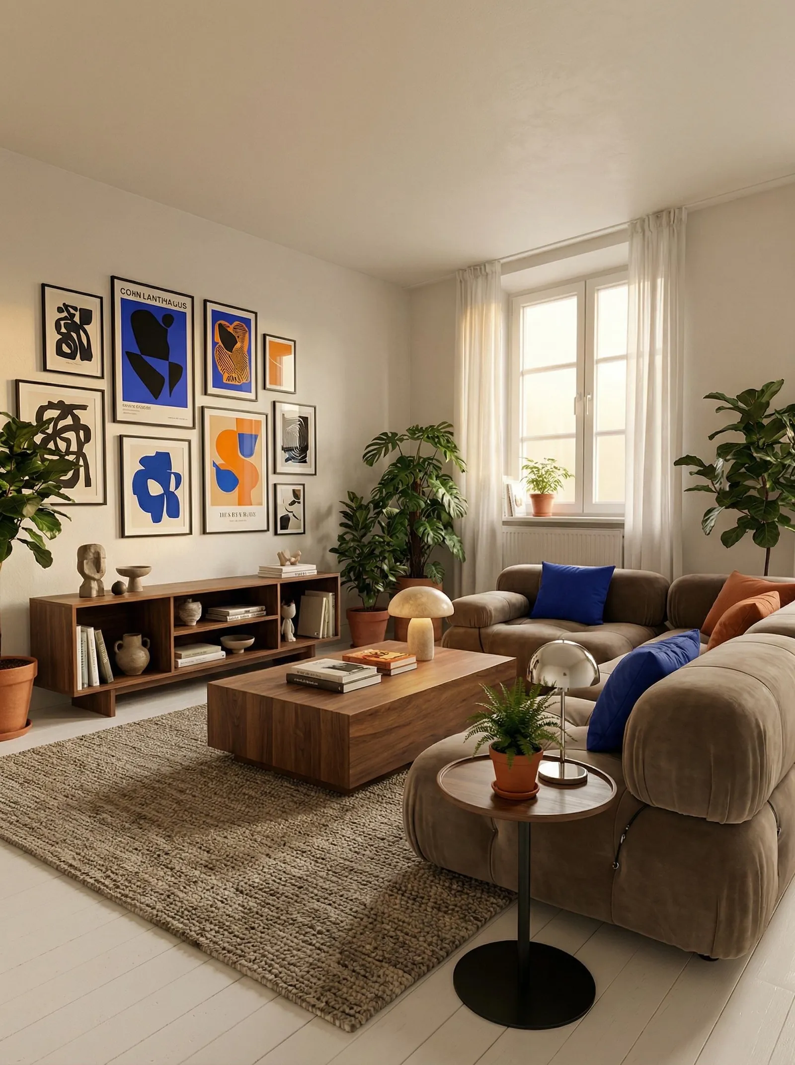 The same room brighter and fresher, a taupe puffy tufted modular sofa with cobalt-blue and rust cushions, a low walnut media console on the left under a large gallery wall of bold blue, orange and black graphic prints, a chunky jute rug, a walnut block coffee table, a white-painted wood floor, alabaster and chrome mushroom lamps, and fiddle-leaf figs by the tall right-hand window.