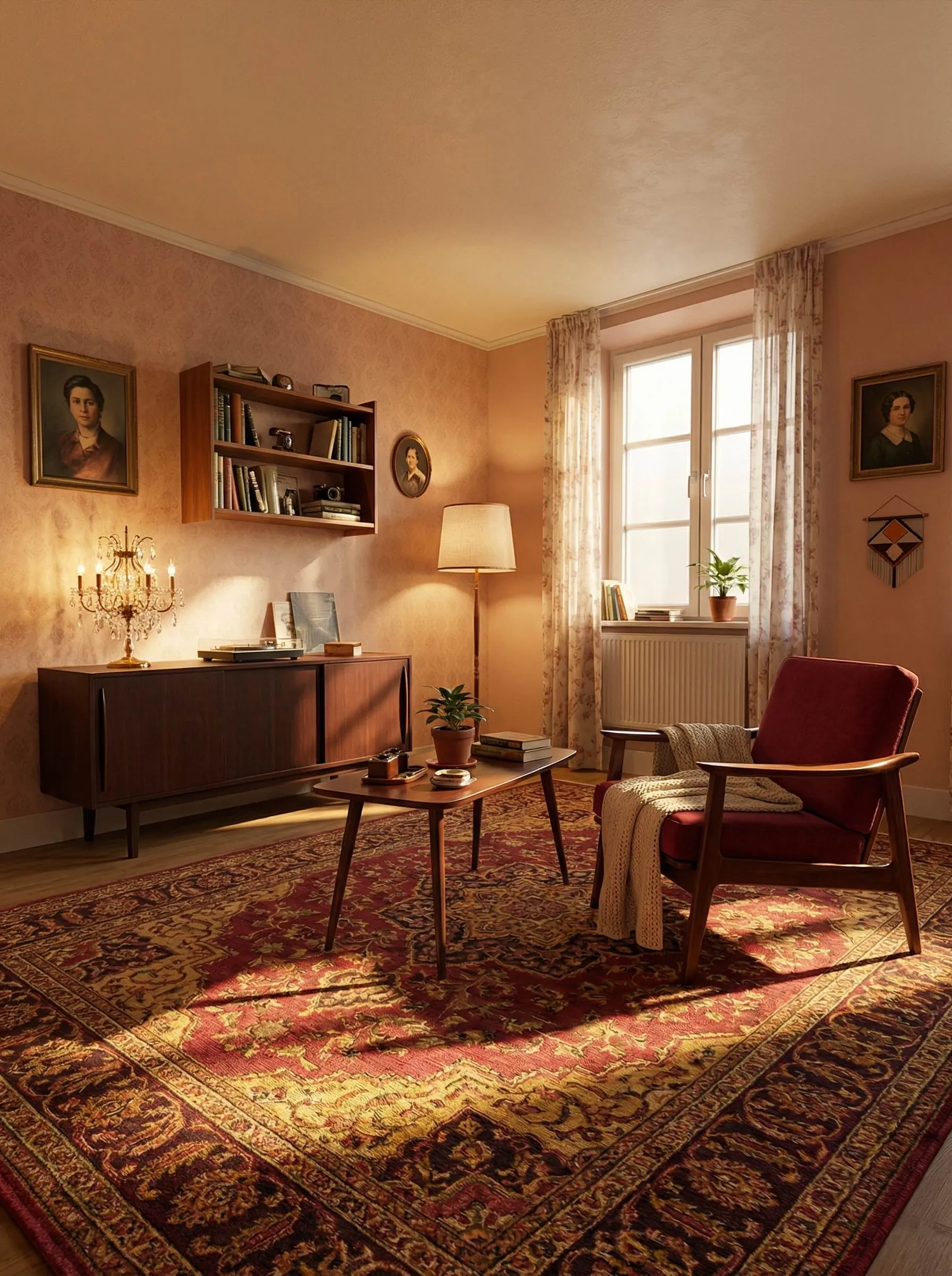 Vintage living room with dusty-pink damask wallpaper, a walnut mid-century credenza holding a record player, a floating walnut wall shelf of hardback books, gilt-framed oil portraits of women, a brass and crystal candelabra table lamp, a cream drum floor lamp, a burgundy velvet mid-century armchair with a knit throw, a small teak coffee table and a large red and gold oriental rug. Floral curtains at one tall window on the right.
