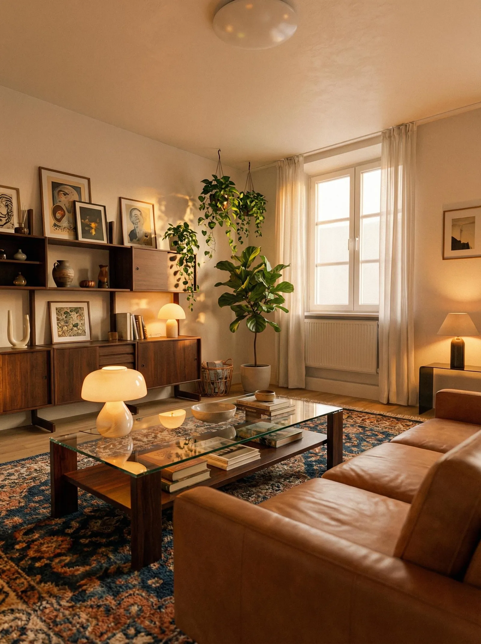 Warm evening living room with a tan leather sofa, a walnut mid-century modular wall unit displaying framed art, pottery and books on the left wall, a blue and rust Persian rug, a glass-top walnut coffee table, mushroom lamps, hanging pothos, a fiddle leaf fig, and the tall window with a radiator beneath it.