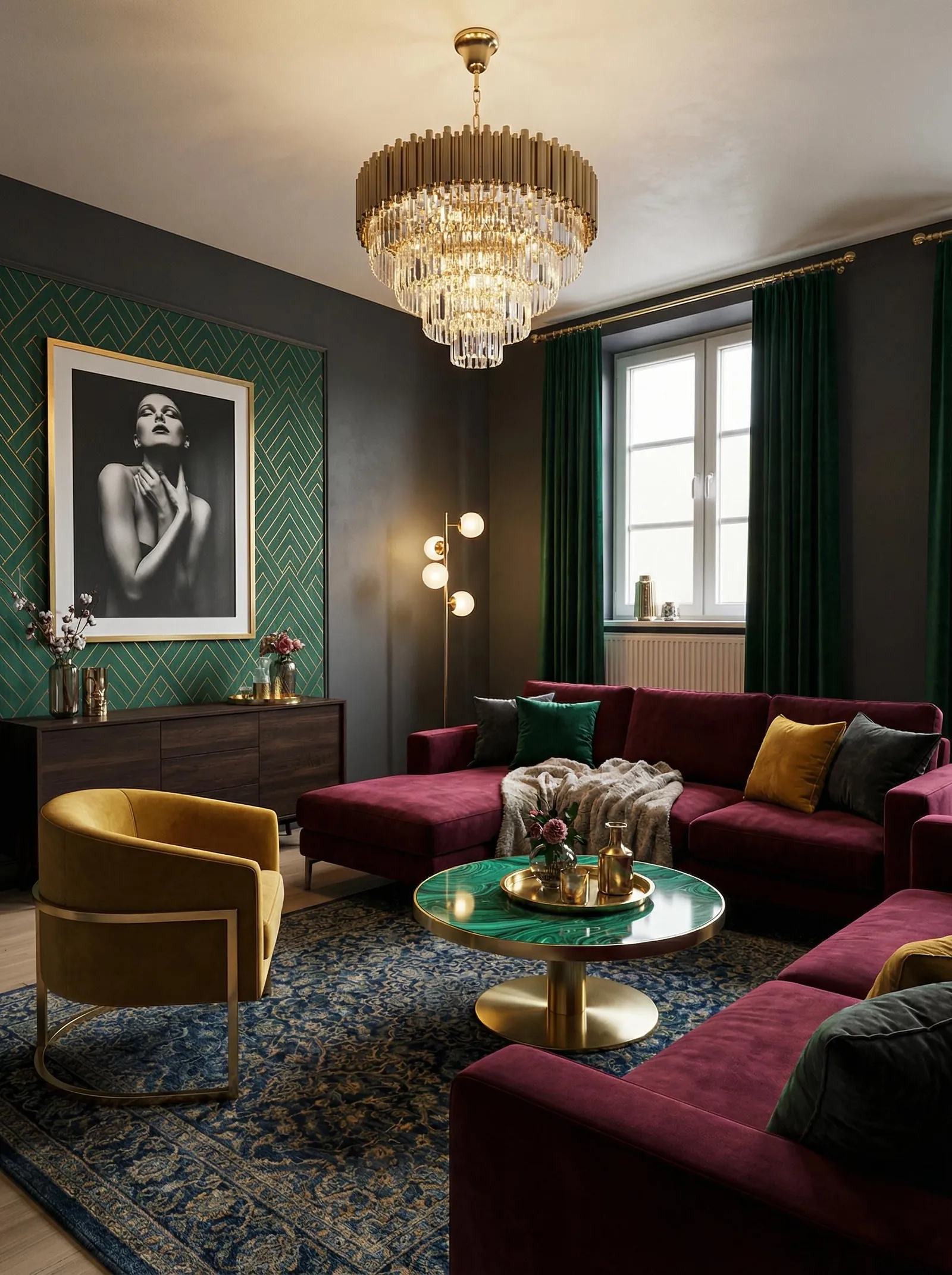 The same room in a dark, dramatic scheme, charcoal-grey walls with an emerald art-deco geometric wallpaper panel behind a large black-and-white glamour portrait in a gold frame, a burgundy velvet L-shaped sectional with emerald, mustard and charcoal cushions, a mustard velvet tub chair on a brass frame, a tiered brass and crystal chandelier, a round malachite-green coffee table on a brass pedestal, a dark walnut credenza, emerald velvet curtains, and a blue Persian rug by the tall right-hand window.