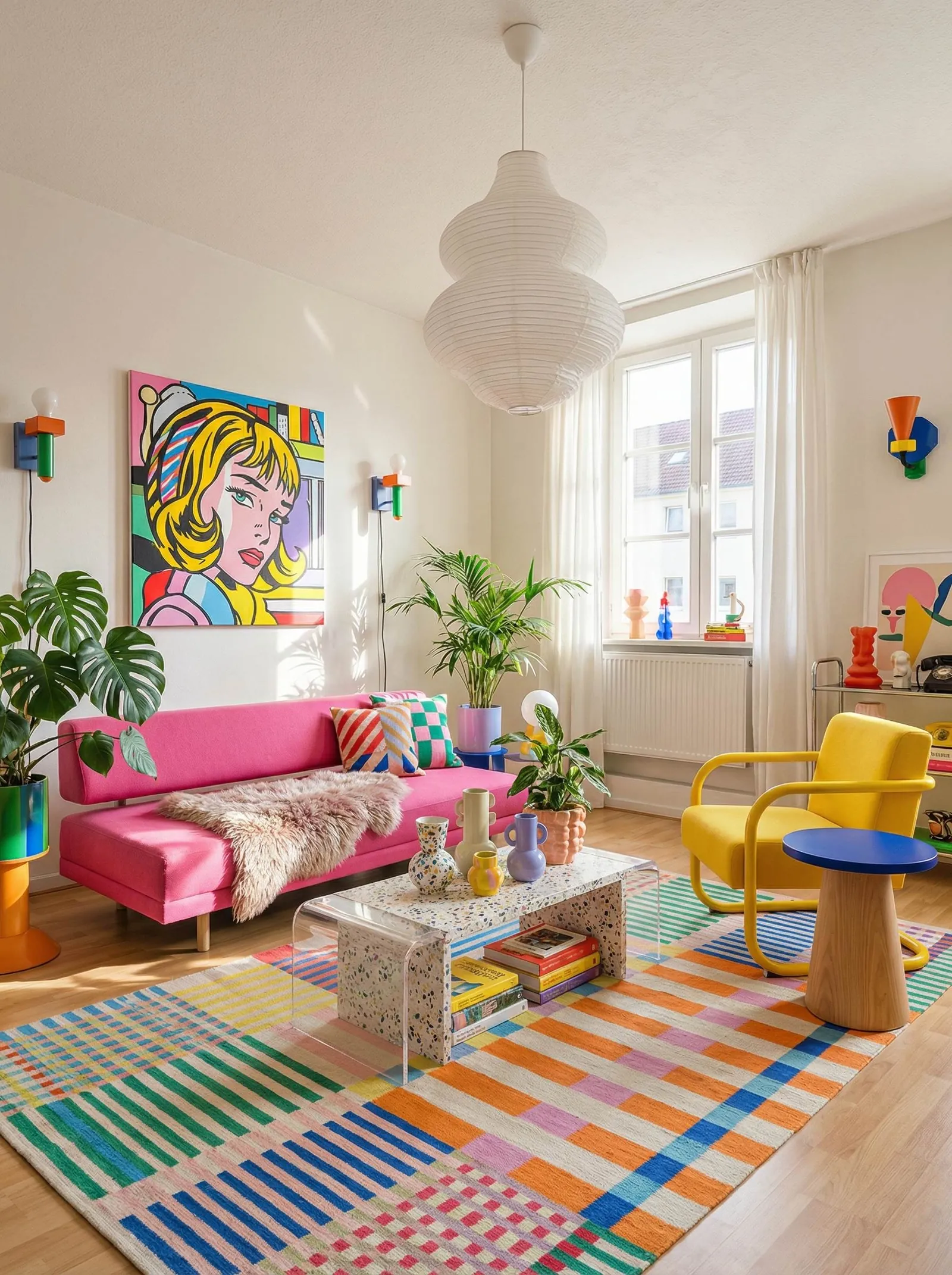 White-walled living room with a large Lichtenstein-style comic canvas of a blonde woman, a hot-pink low daybed sofa with striped and checkerboard cushions and a sheepskin throw, primary-colour Memphis wall sconces, a two-tier terrazzo and acrylic coffee table, a bright-yellow bentwood armchair, a blue disc side table and a multicolour plaid rug. One tall window on the right.