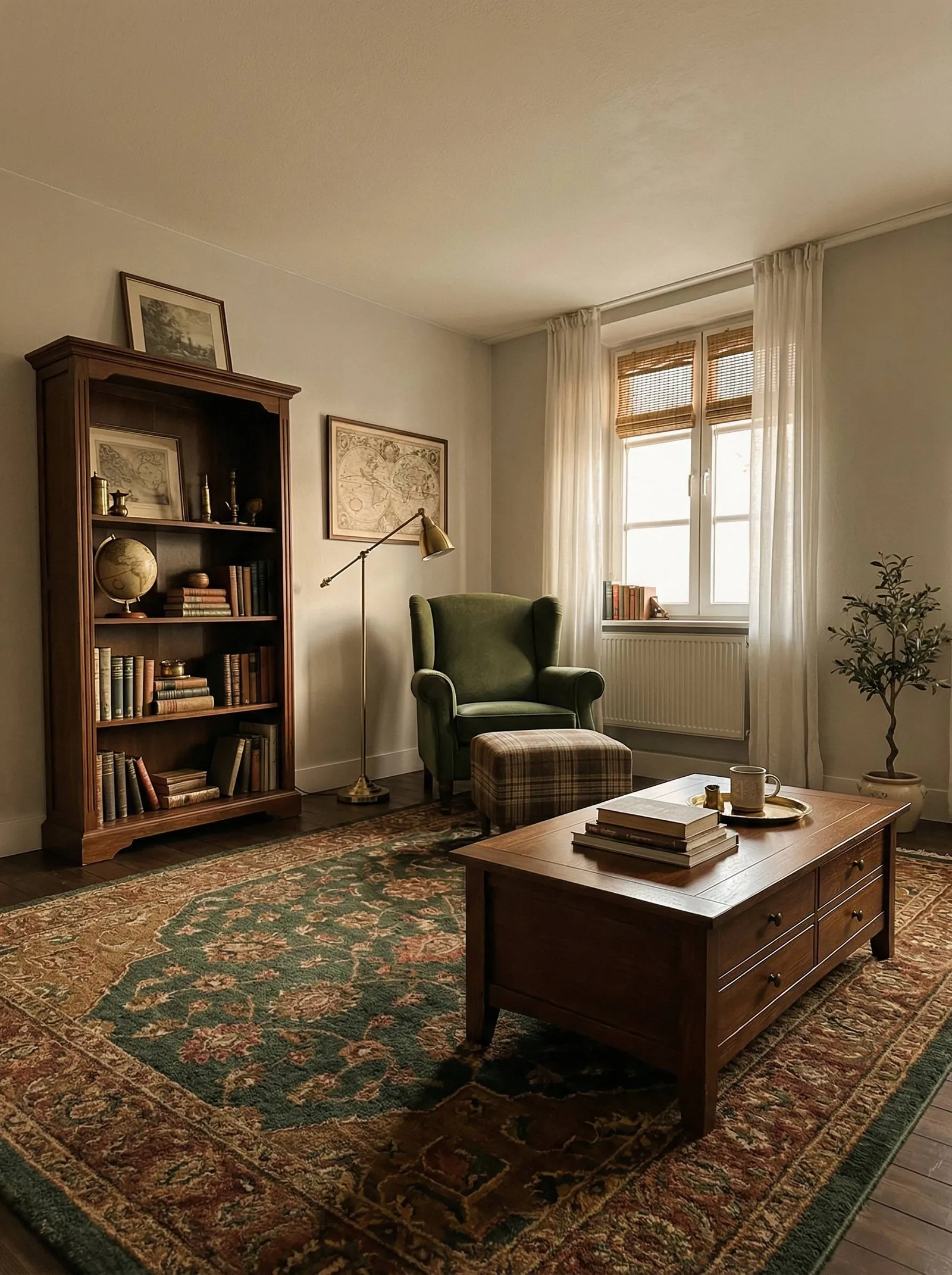A dim study-like room with a tall dark-walnut freestanding bookcase on the left wall holding a globe, leather books, brass candlesticks and framed prints, a green velvet wingback chair with a plaid tartan ottoman in front of one tall window with sheers and a woven bamboo blind and a radiator, a brass swing-arm reading lamp, a dark-wood coffee table with drawers and a brass tray, a green-and-rust floral Persian rug, dark-stained floor, a framed antique world map, an olive tree in a pot.