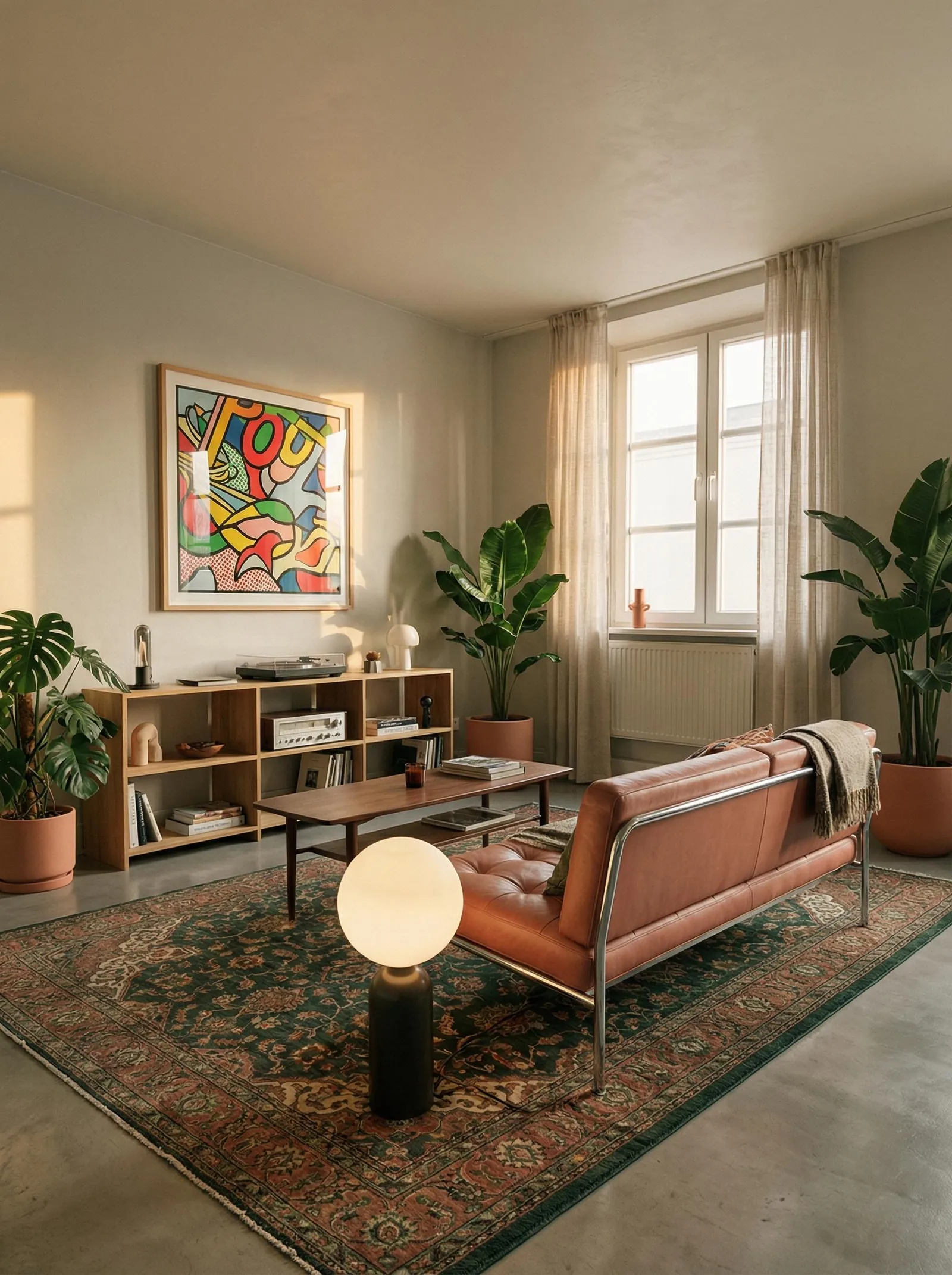The same room with sage-grey walls, a cognac leather sofa on a chrome frame, a low light-oak open shelving unit holding a turntable and vintage receiver, a large colourful Pop-art print, a polished concrete floor, a green and rust Persian rug, a walnut coffee table, a white globe lamp on a black base, and big banana plants by the tall right-hand window.