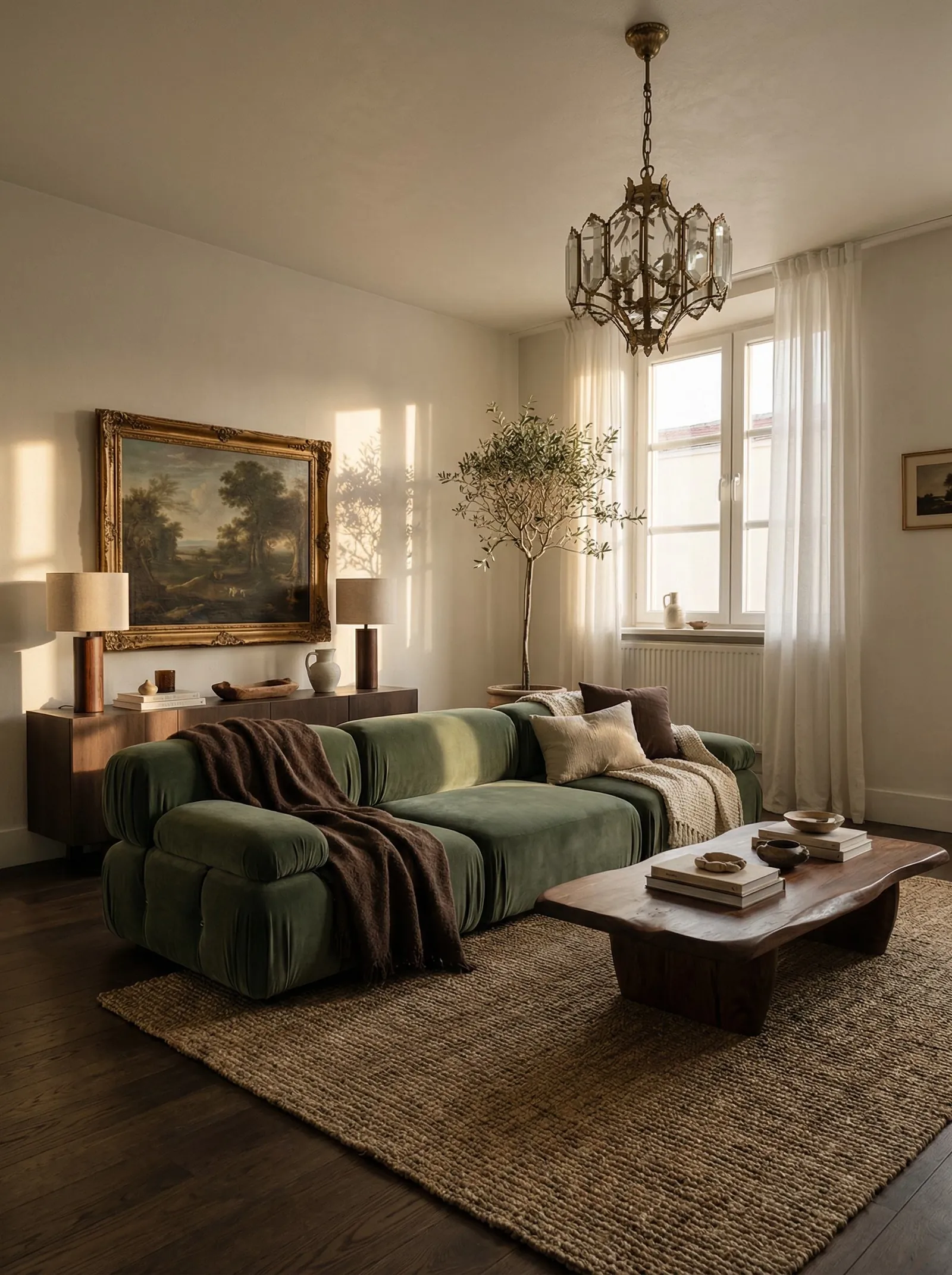A low green velvet channel-tufted modular sofa with a chocolate throw and oatmeal cushions, a low dark-wood media console on the left wall with two lamps and a large gilt-framed old-master landscape above, one tall window on the right with sheer curtains and a radiator, an olive tree in front, a brass-and-glass panel chandelier, a live-edge slab coffee table, a chunky jute rug, dark-stained floor.