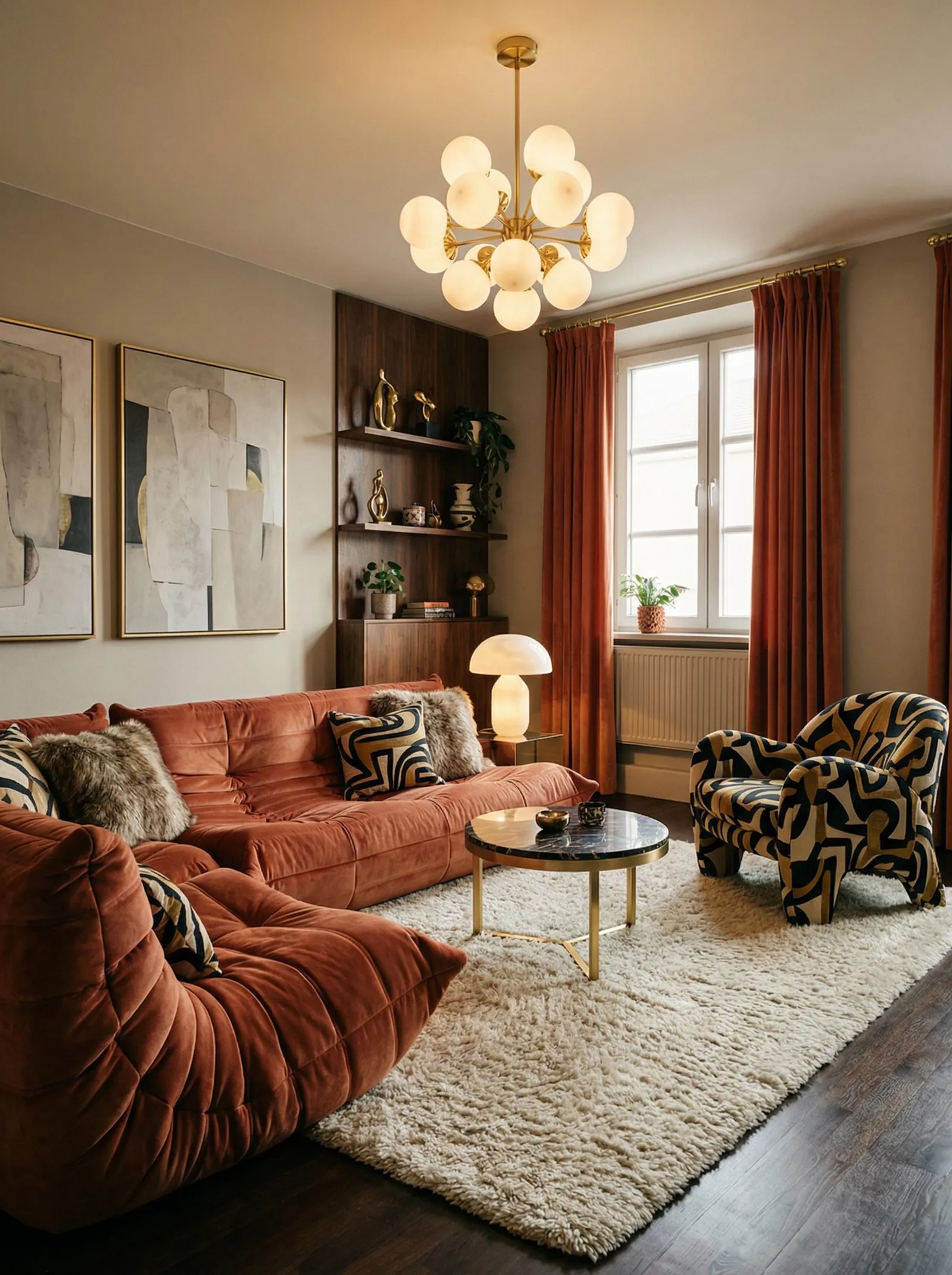 The same room in a warmer glam palette, a rust-terracotta velvet low tufted modular sofa, a pair of black and cream geometric-patterned armchairs, a brass and frosted-glass globe-cluster chandelier, walnut built-in shelving with brass sculptures and plants, large abstract prints in gold frames, rust velvet curtains, a white mushroom table lamp, a round black marble coffee table on a brass base, a cream shag rug, and a dark-stained wood floor by the tall right-hand window.