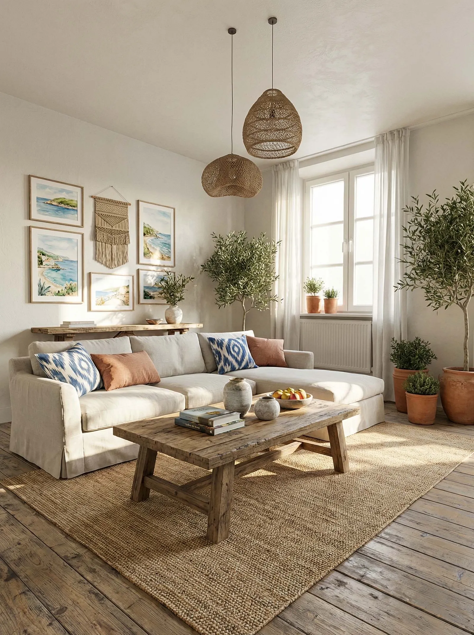 Whitewashed plaster walls, a cream linen slipcovered sectional with blue ikat and terracotta cushions, a reclaimed rough-plank coffee table with pottery and a fruit bowl, a chunky jute rug, weathered plank floor, two woven rattan basket pendants, a rustic wood console on the left wall under a macrame hanging and coastal watercolor prints, olive trees in terracotta pots, one tall window on the right with sheers, herb pots on the sill and a radiator.