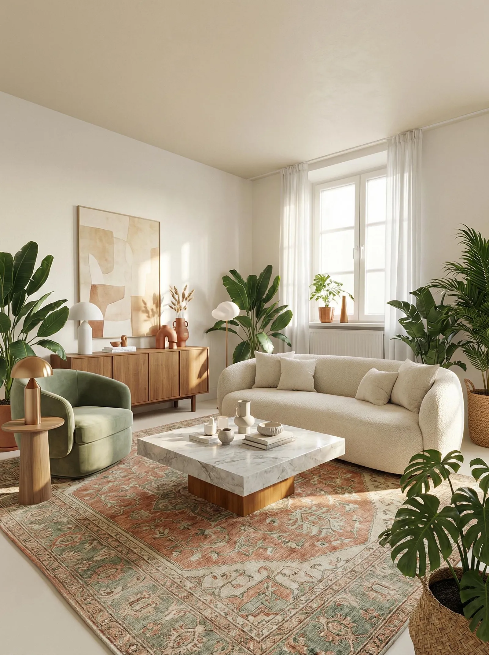 Airy cream living room with a curved cream boucle sofa, a sage green velvet swivel armchair, a chunky white marble block coffee table on a wood plinth, a faded terracotta and sage Persian rug, a walnut mid-century sideboard, an earth-tone abstract print, brass mushroom lamps, and several large tropical plants including bird of paradise, palm and monstera.
