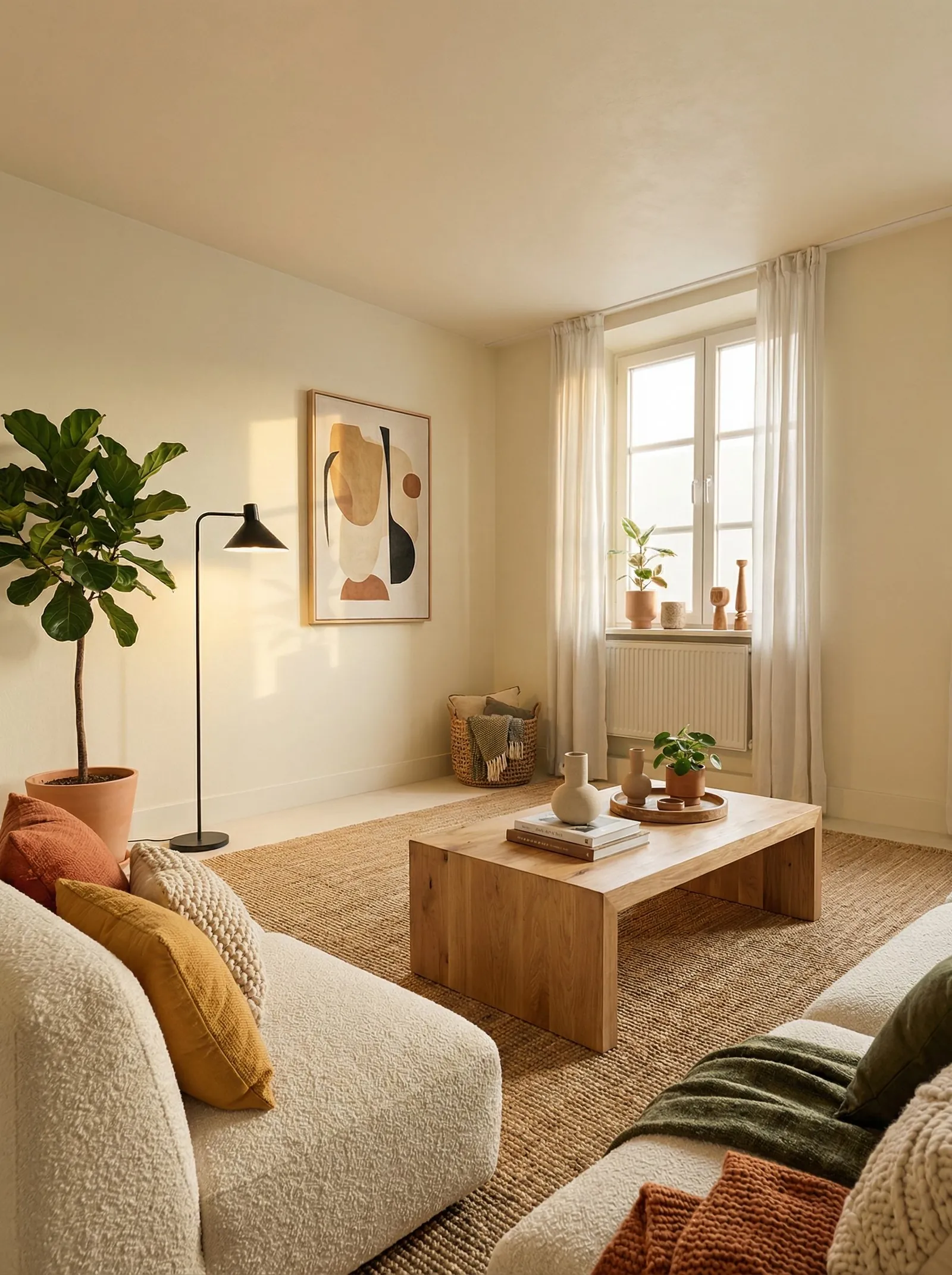 Bright cream living room with cream boucle sofas, mustard and rust knit cushions, a solid oak block coffee table on a chunky jute rug, a black arched floor lamp, a large abstract print in earth tones, a fiddle leaf fig in a terracotta pot, a woven basket with a throw, and terracotta pots on the windowsill of the tall window.