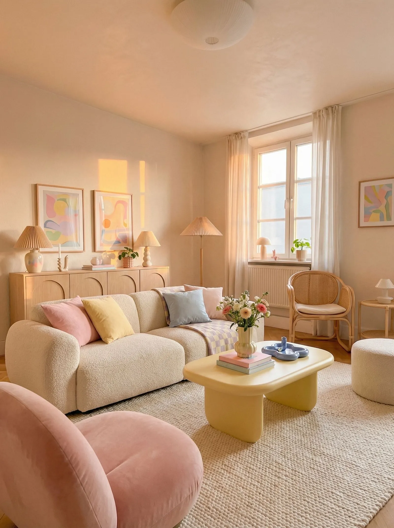 The same corner living room redesigned in Danish pastel: a cream boucle sofa with pink, yellow and blue cushions, a pink velvet curved armchair, a pale-yellow rounded coffee table, a light-oak arched sideboard, pleated ceramic lamps, framed pastel abstract prints, a cane armchair, and a chunky ivory rug.