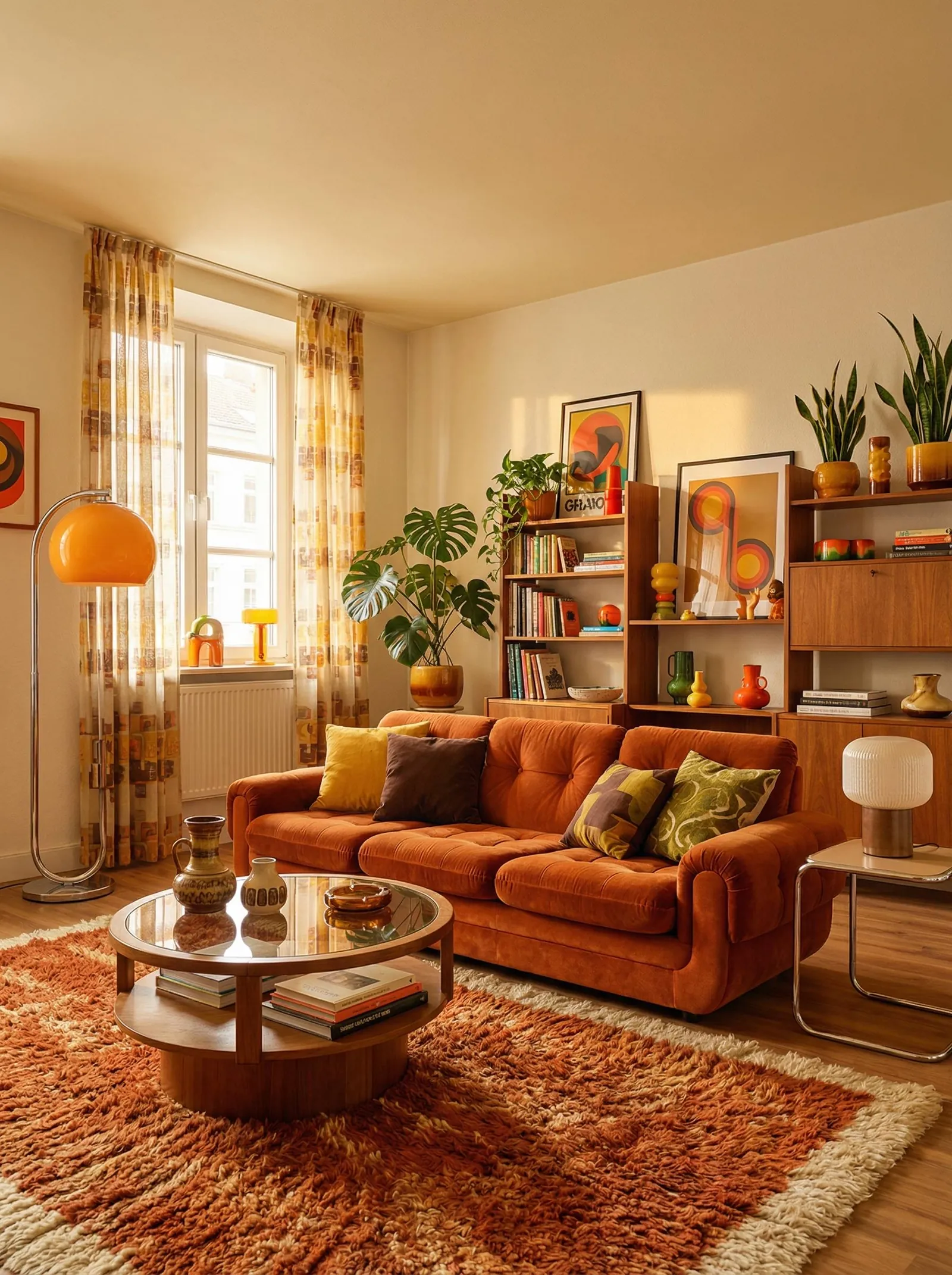 A daytime version with cream walls, a burnt-orange velvet tufted sofa, a round wood-and-glass coffee table, an orange and cream shag rug, a teak modular wall unit full of books and fat-lava pottery, patterned 70s curtains at the window, and a chrome arc floor lamp with an orange acrylic globe shade.
