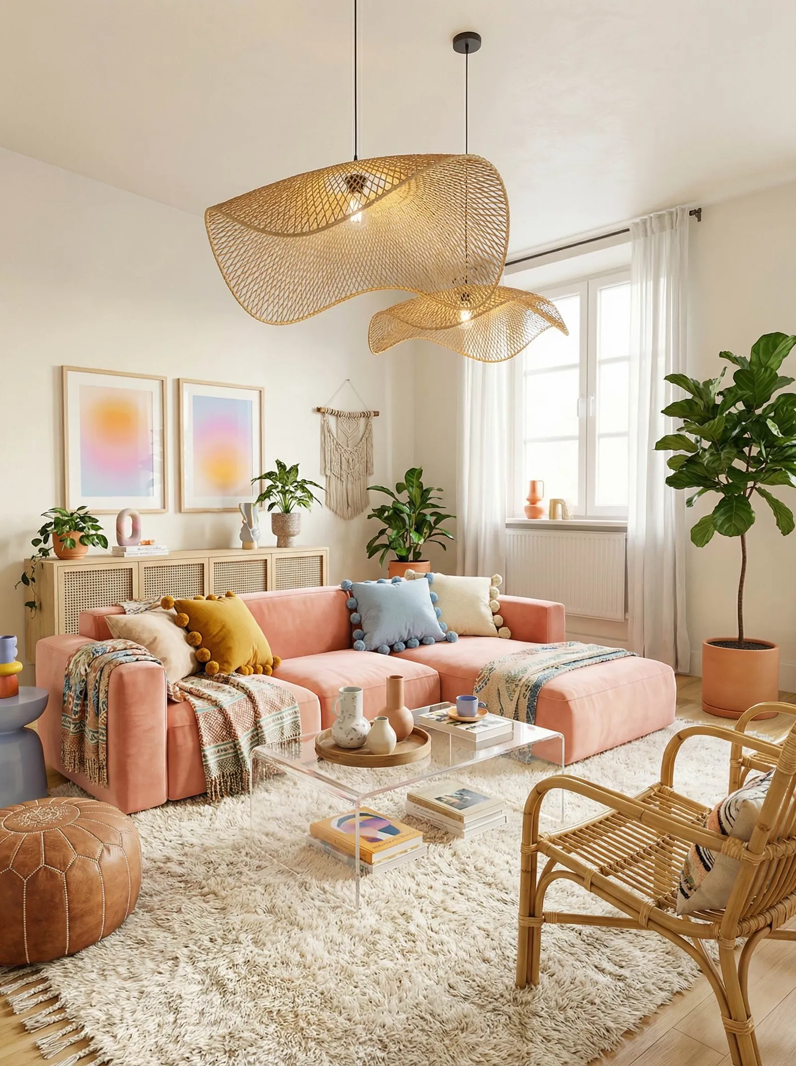 Bright living room with a salmon pink sofa, pom-pom trimmed cushions in blue and mustard, an acrylic coffee table, a cane-front sideboard on the left wall, two wavy rattan pendant lights, a macrame wall hanging, pastel aura art prints, a Moroccan leather pouf, a rattan armchair, a cream shag rug and a large fiddle leaf fig by the window.