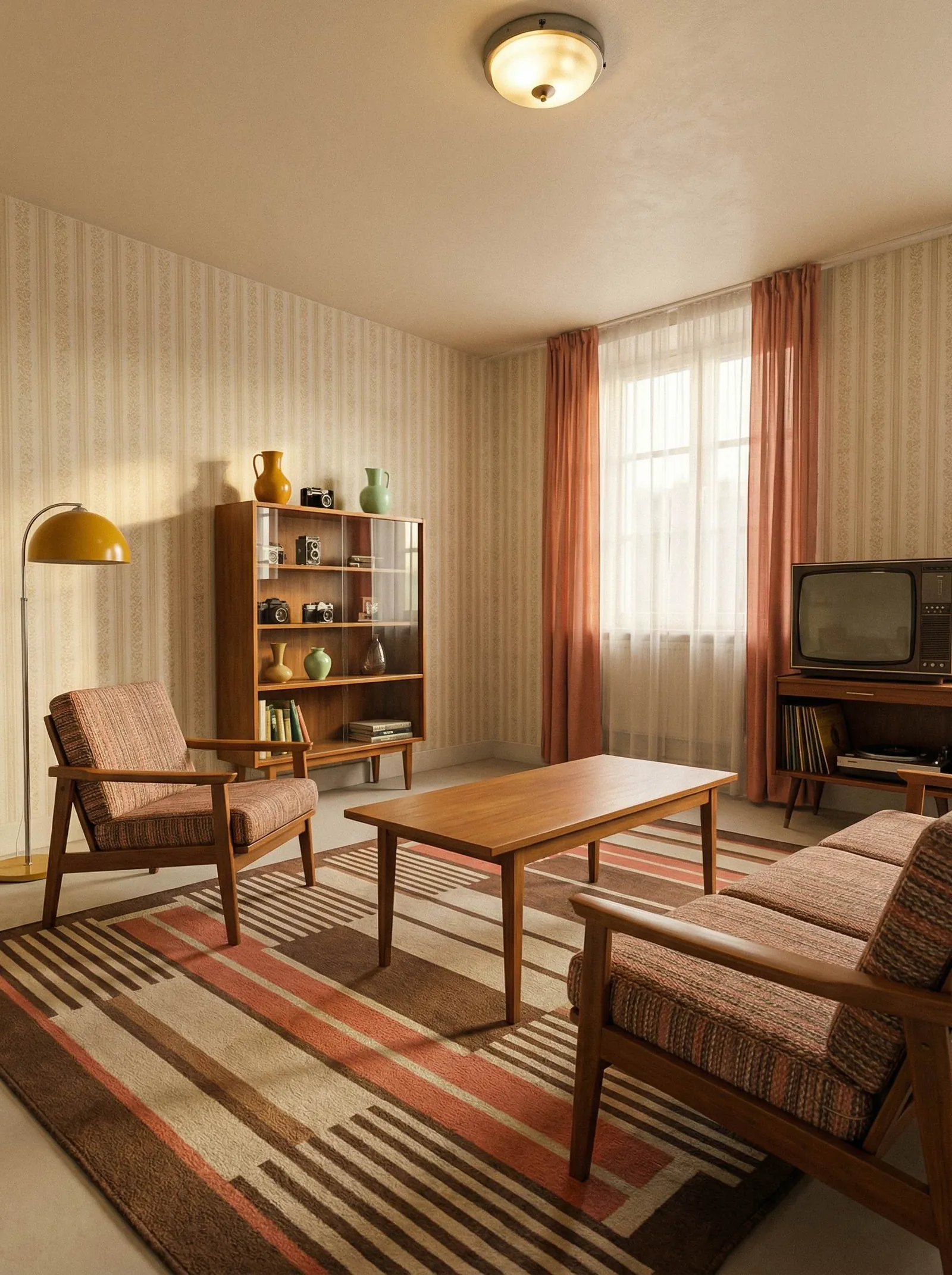 A period 1960s-70s room: striped wallpaper, a teak glass-front cabinet displaying vintage cameras and ceramic jugs, wood-frame tweed armchairs, a boxy vintage television on a credenza, rust curtains, and a graphic striped rug.