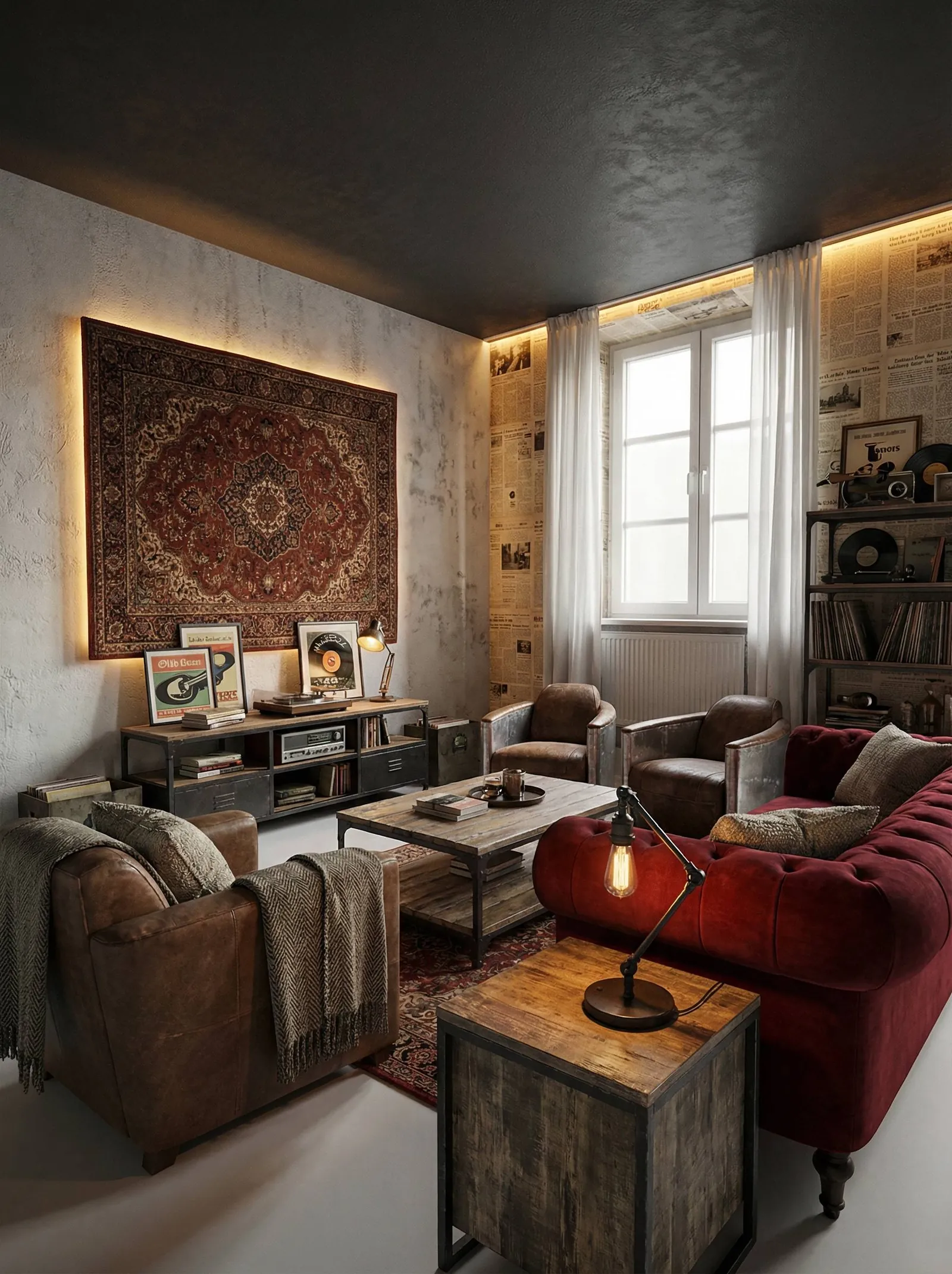 A dim, layered living room with a near-black painted ceiling, distressed plaster on the left wall and newspaper-print covering on the right. A large Persian rug is hung as backlit wall art on the left. A single tall window with white curtains and a radiator sits centre-right. The seating is a red velvet button-tufted chesterfield sofa and two cognac distressed-leather club chairs around a reclaimed-wood-and-metal coffee table, plus a wood-and-metal cube side table with an Edison-bulb desk lamp. An industrial metal media console holds a turntable, a receiver and vinyl records, and a metal shelf carries records, a gramophone and a camera. A dark Persian rug covers the concrete floor.
