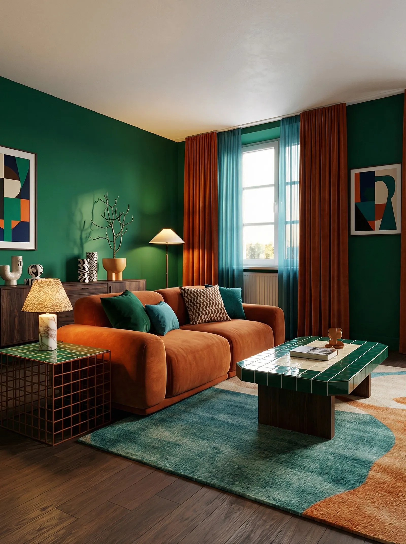 Living room with deep emerald-green walls, a rust velvet two-seat sofa with teal and green cushions, a green ceramic-tile coffee table on a dark wood base, a copper-grid cube side table, a dark walnut sideboard with striped ceramics, rust and teal layered curtains and a teal shag rug over an orange wavy under-rug. Dark walnut floor and one tall window on the right.