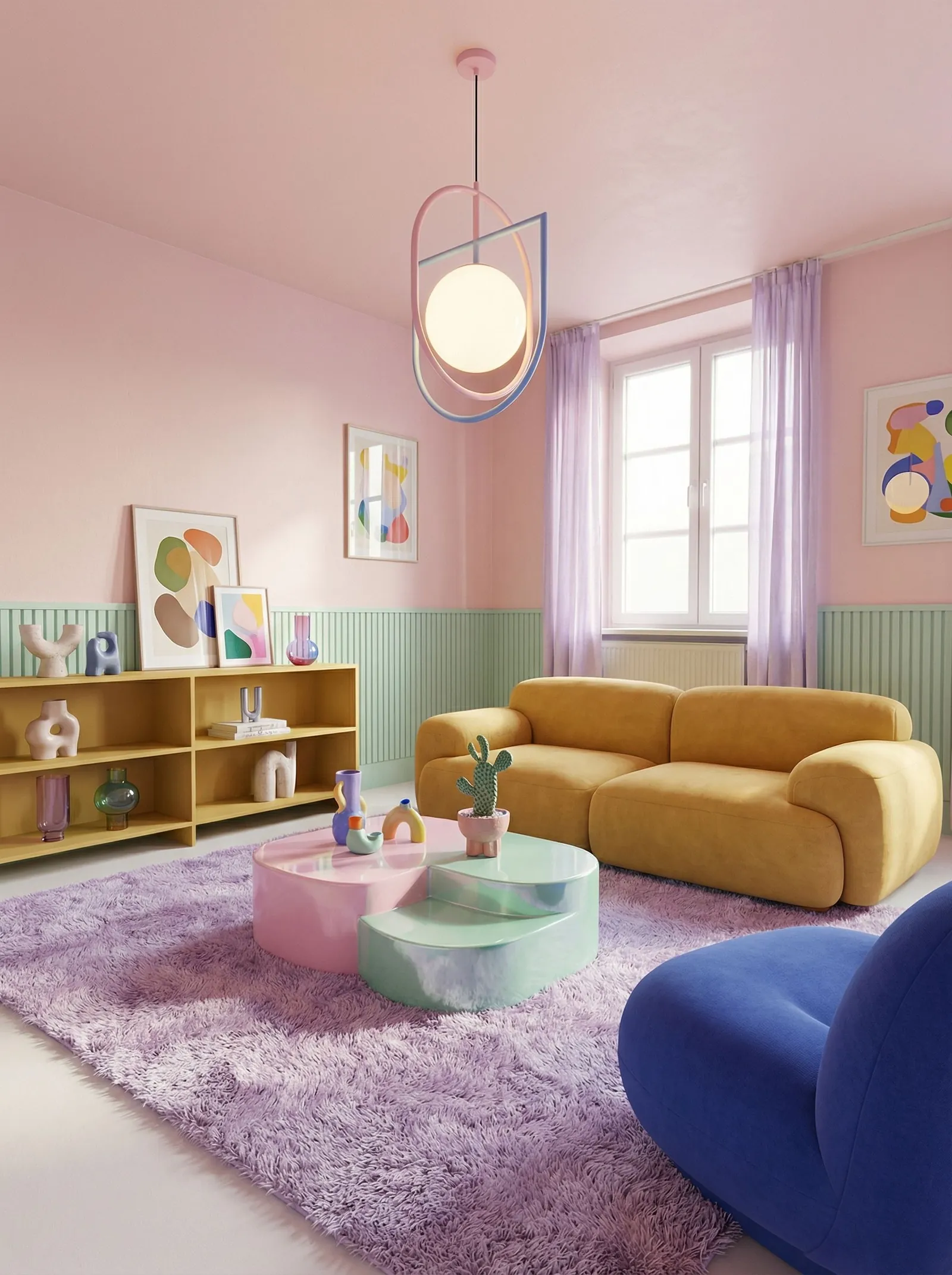 A bright pastel version with pink walls and mint-green beadboard wainscoting, a chunky mustard-yellow sofa, a cobalt-blue accent chair, glossy pink and mint blob-shaped coffee tables, a lilac shag rug, a low mustard shelving unit with pastel ceramics and abstract prints, a geometric globe pendant, and lilac sheer curtains at the window.