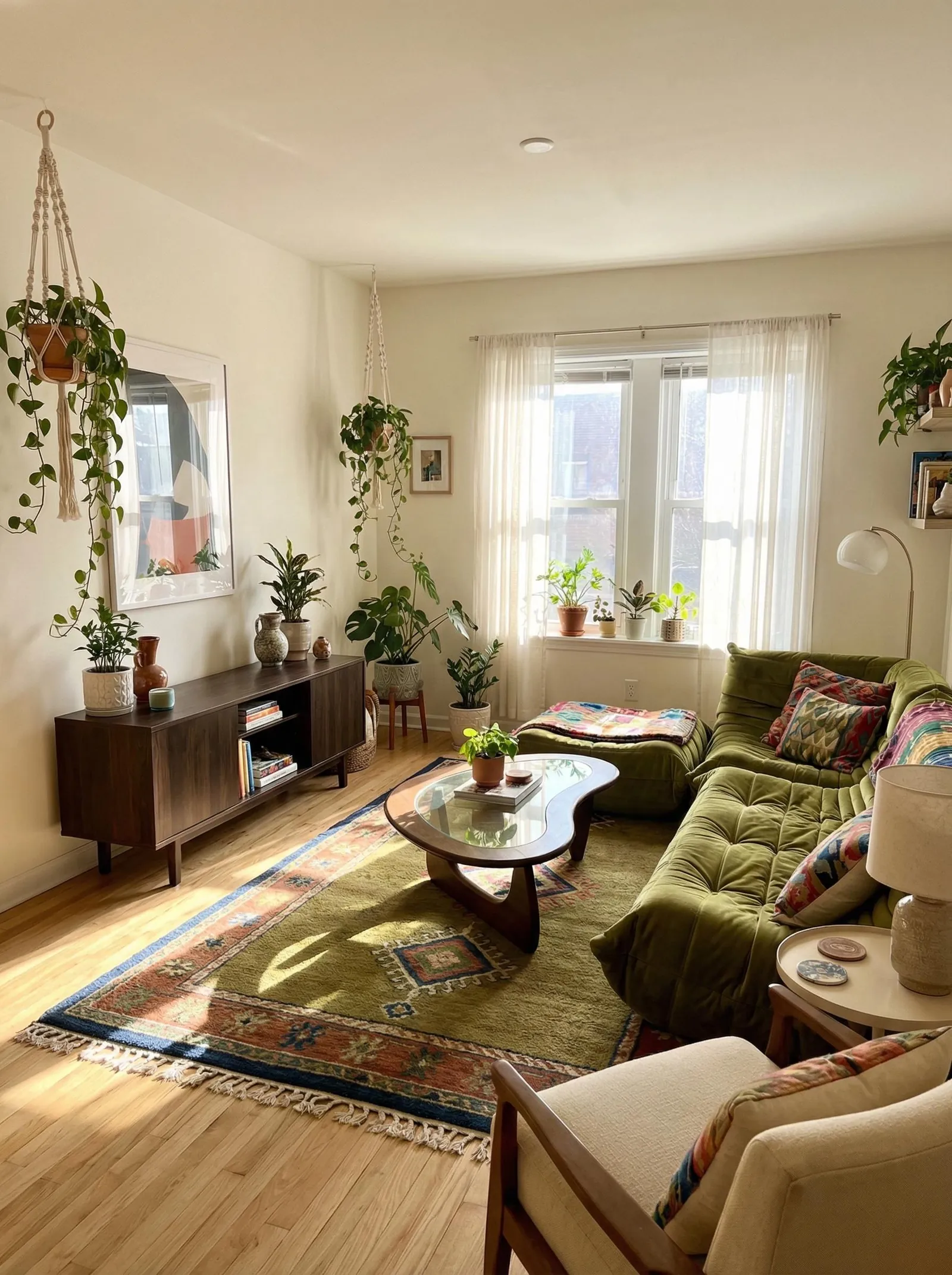 Sun-filled living room with a green velvet tufted modular sofa, colourful kilim-print cushions, an olive geometric rug over a Persian rug, a biomorphic glass and wood coffee table, a dark wood mid-century media console on the left wall, many trailing pothos in macrame hangers, a brass arc floor lamp, and plants lining the sill of the tall window.