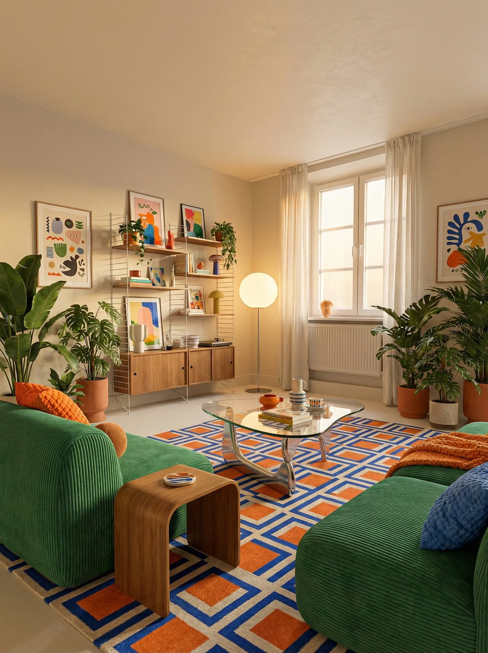 A bright playful version with a green corduroy modular sofa, a Noguchi-style glass coffee table on a wood base, a bold blue orange and cream geometric squares rug, a bent-plywood side table, ladder-style shelving on the left with colorful abstract prints and plants, a globe floor lamp, and the window on the right with white curtains and large potted plants.
