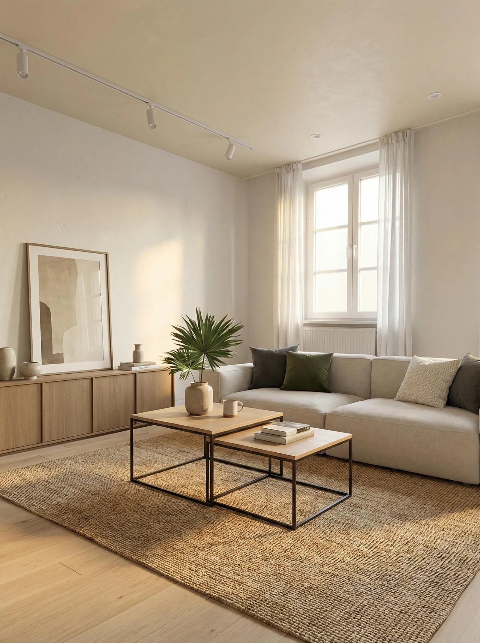 Bright airy scandi living room with a greige linen sectional tucked into the corner under the window, olive and charcoal cushions, two oak and black-metal nesting coffee tables in front, a run of low light-oak sideboards along the left wall with a propped beige abstract print and pale ceramics, a fan palm in a ceramic vase, a jute rug, white ceiling track lighting, and the tall window with sheer curtains and a radiator.