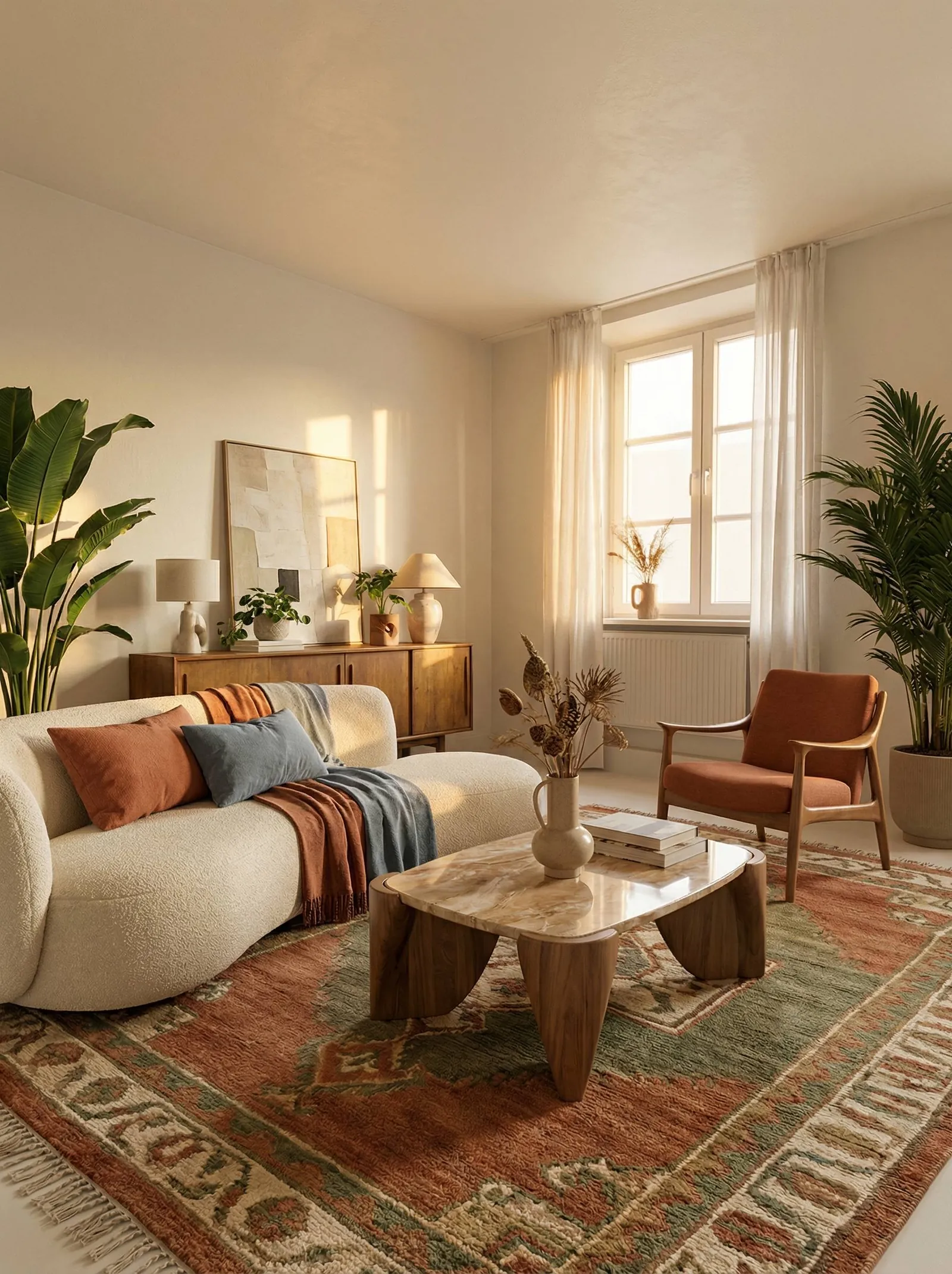 Sunlit living room with a curved cream boucle sofa dressed in rust, blue and slate cushions, a marble-top coffee table on chunky sculptural wood legs, a rust mid-century wood-frame armchair, a walnut credenza with two ceramic lamps and a large abstract canvas, a Moroccan rug in terracotta, green and cream, and a bird-of-paradise and palm framing the room. One tall window on the right.