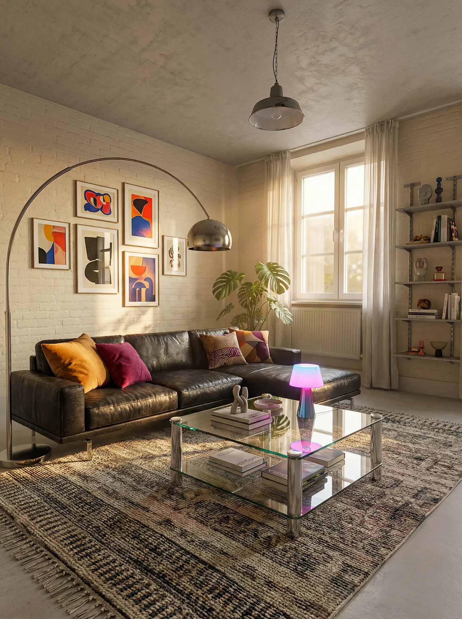 A living room with whitewashed brick walls, a raw concrete ceiling and a polished concrete floor. A dark brown leather sectional with a chaise sits along the left wall under a chrome arc floor lamp, topped with mustard, magenta and geometric pillows. A two-tier chrome-and-glass coffee table holds books and a pink-and-blue colour-changing lamp. A six-piece gallery wall of colourful abstract prints hangs on the brick, an industrial dome pendant drops from the ceiling, and a single tall window on the right has sheer curtains, a radiator and a monstera beside it. A metal wall shelf sits to the right and a textured Berber rug with tassels covers the floor.