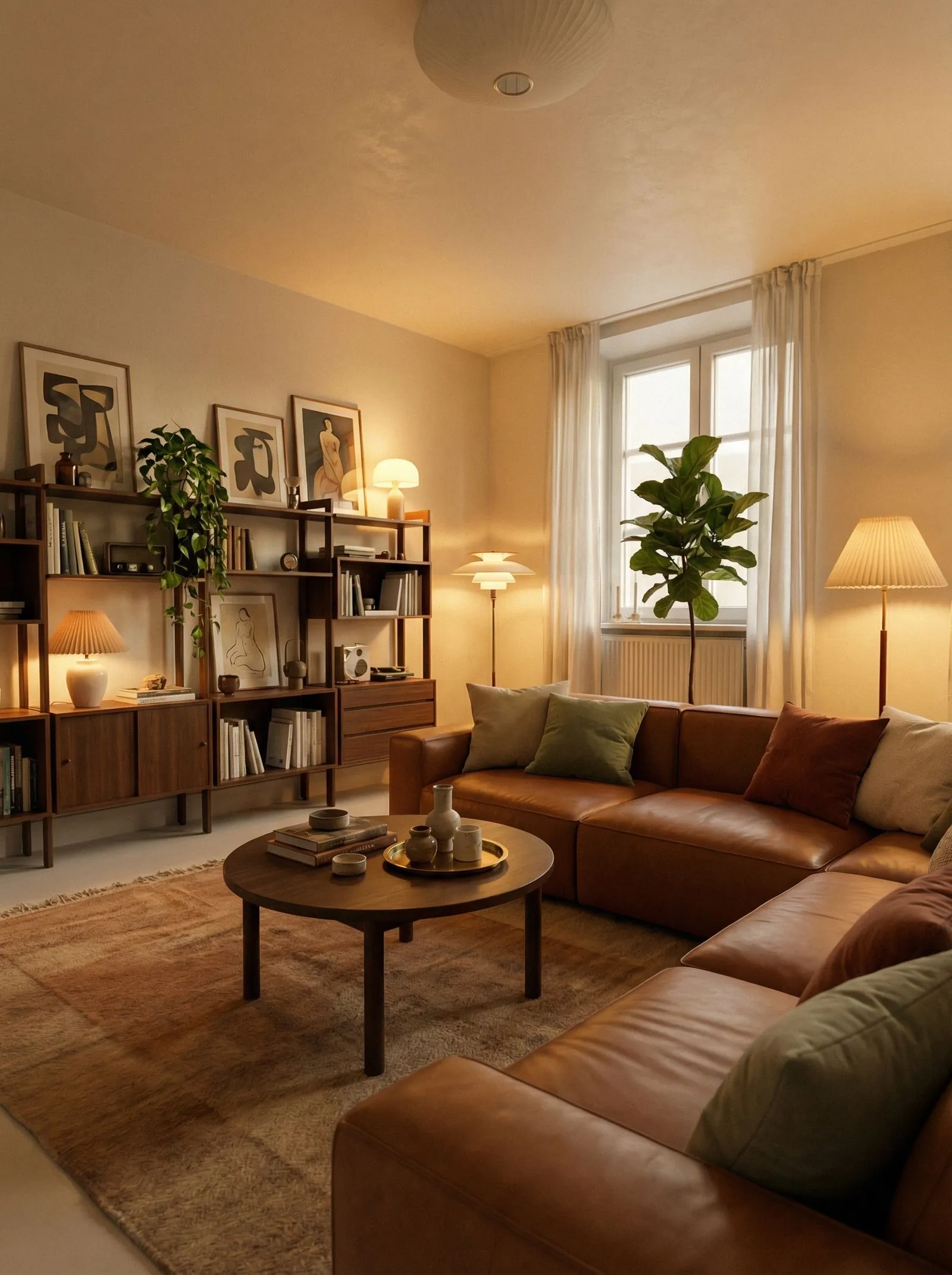The same room at dusk, a large caramel leather L-shaped sectional with green and rust cushions, a walnut modular wall unit on the left holding books, plants, leaning art and ceramic lamps, a round walnut coffee table, a shaggy caramel rug, a fiddle-leaf fig by the tall right-hand window, pleated-shade floor lamps and a bubble ceiling pendant.